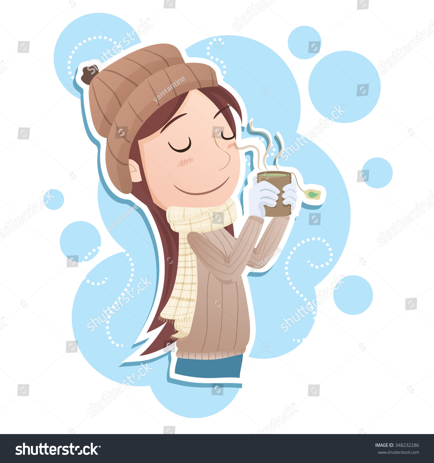 Cartoon Girl In Winter Clothes Drinking Hot Tea. Stock Vector 348232286