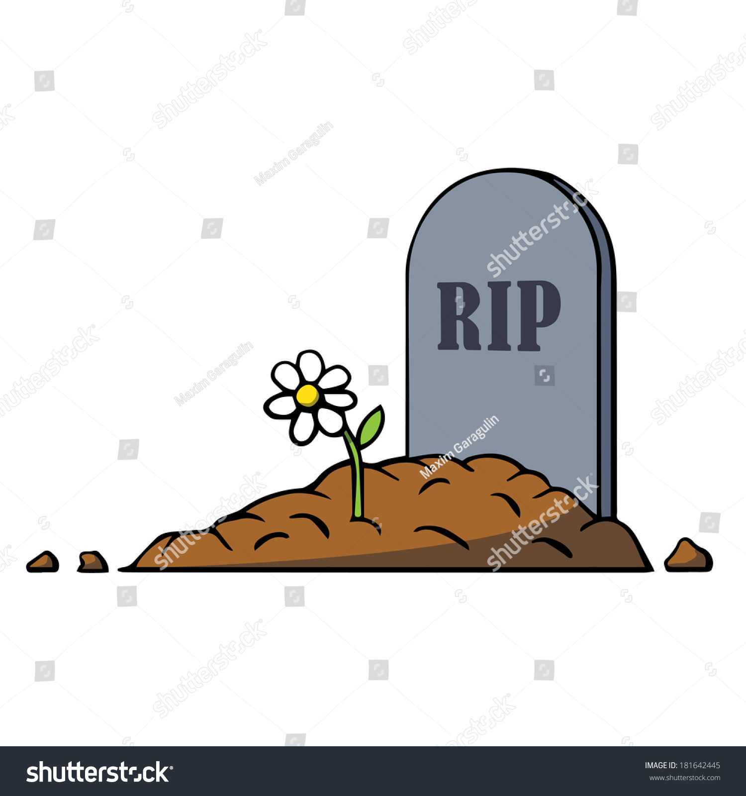 Cartoon Grave With Tombstone And Flower. Vector Illustration