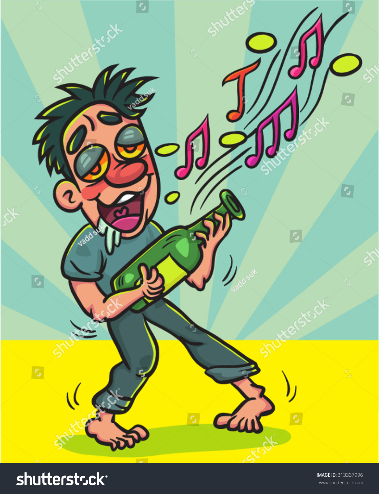 Cartoon Happy Drunk Man With Bottle Singing And Dancing, Illustration