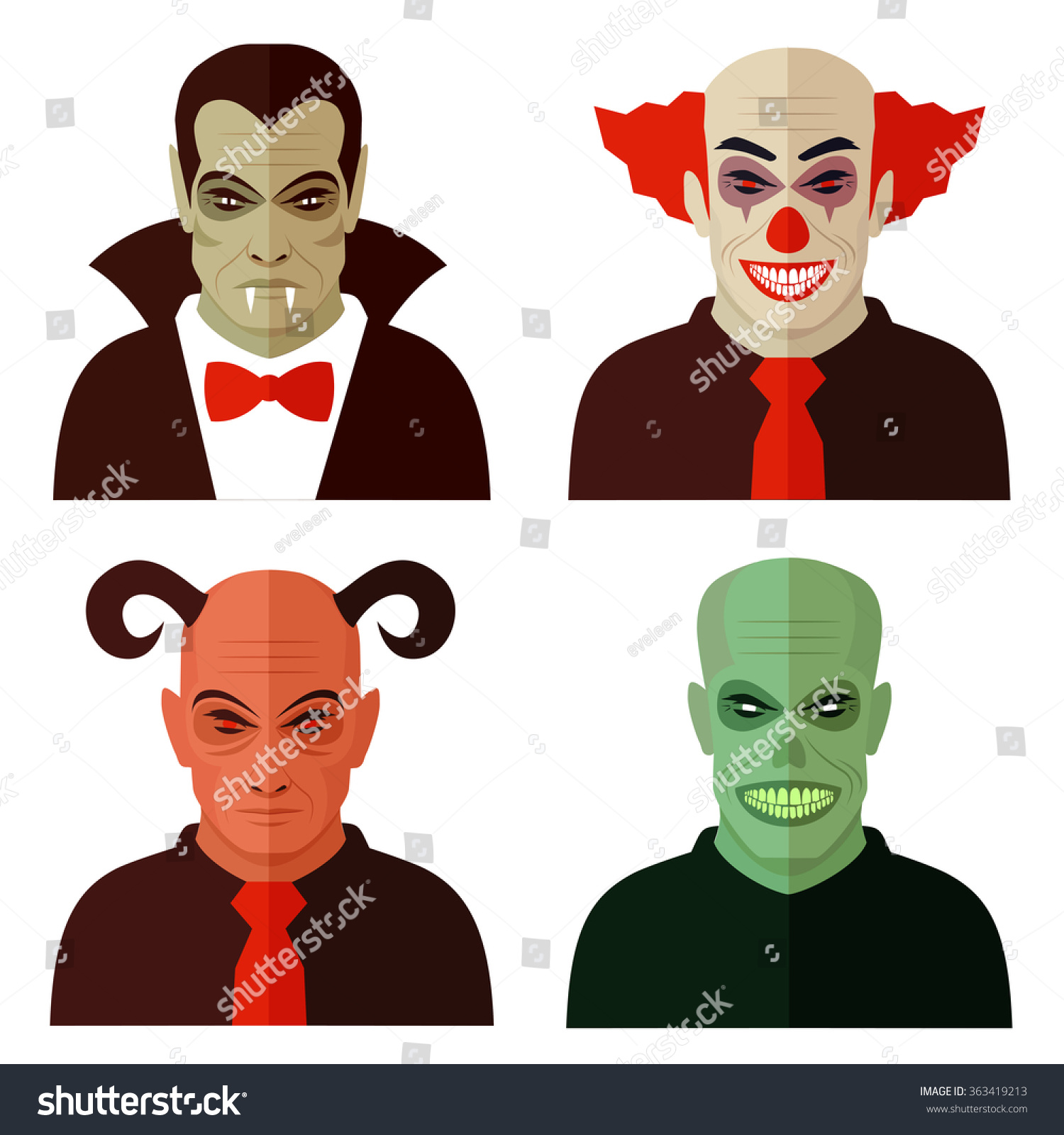 Cartoon Horror Characters, Evil Clown, Scary Devil, Creepy Zombie