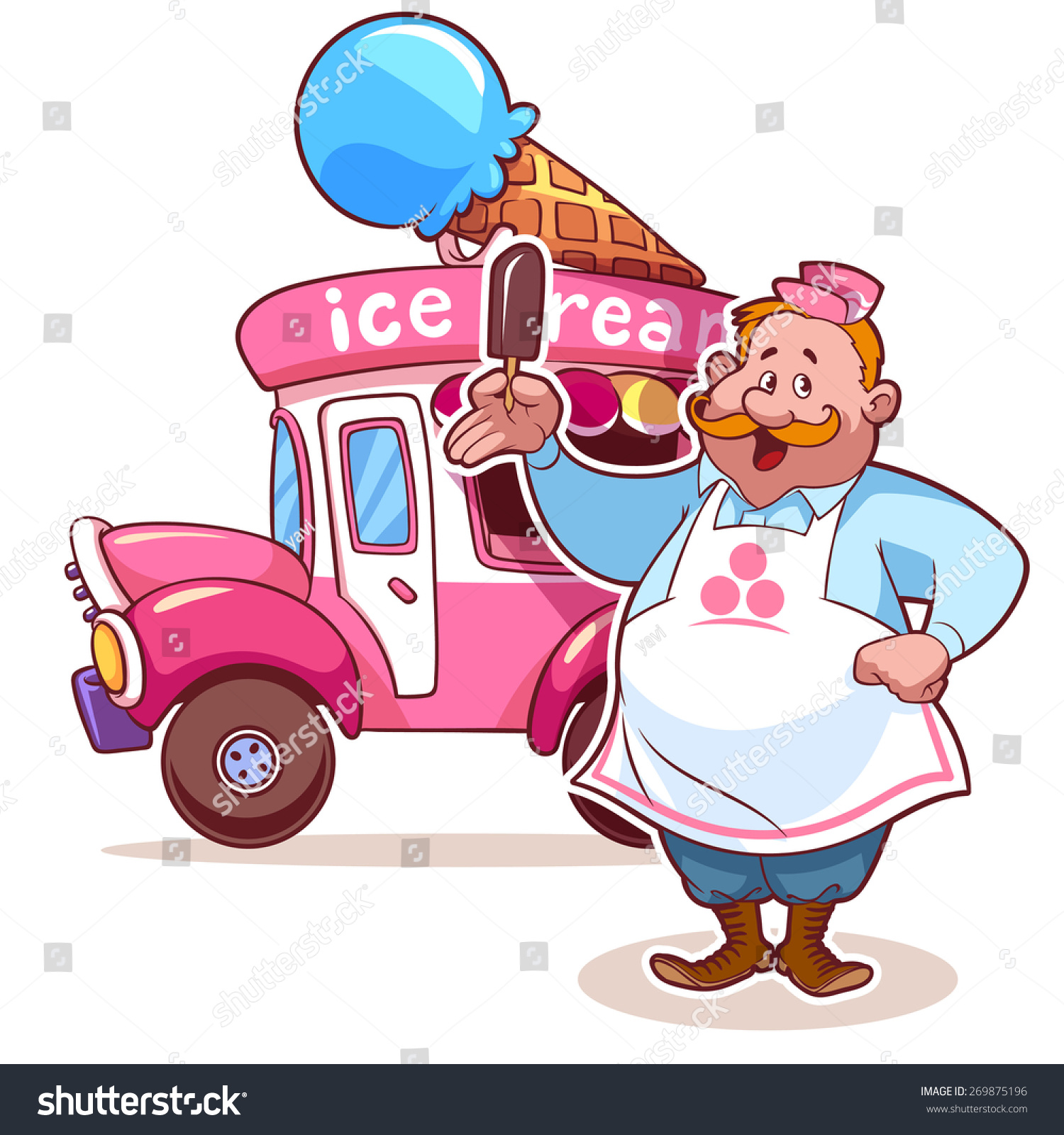 Cartoon Ice Cream Car With The Seller. Fat Man In Apron ...