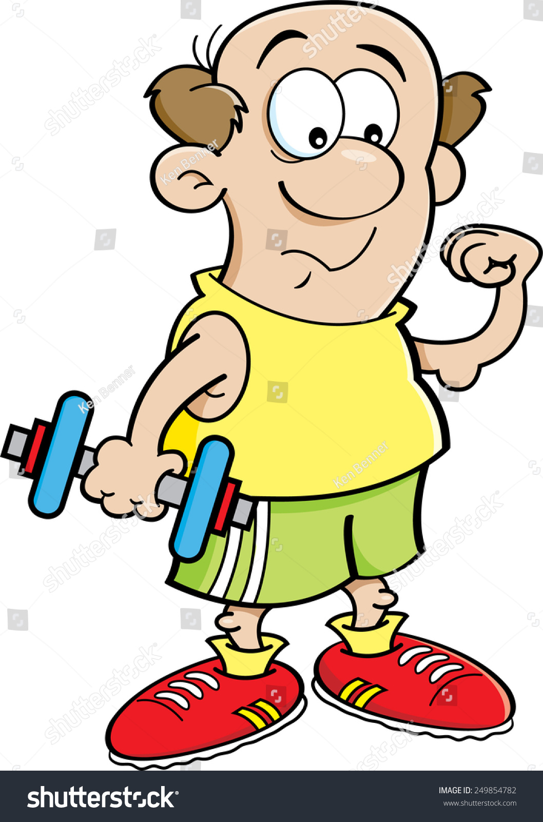 Cartoon Illustration Of A Weak Man Holding A Dumbbell And Making A