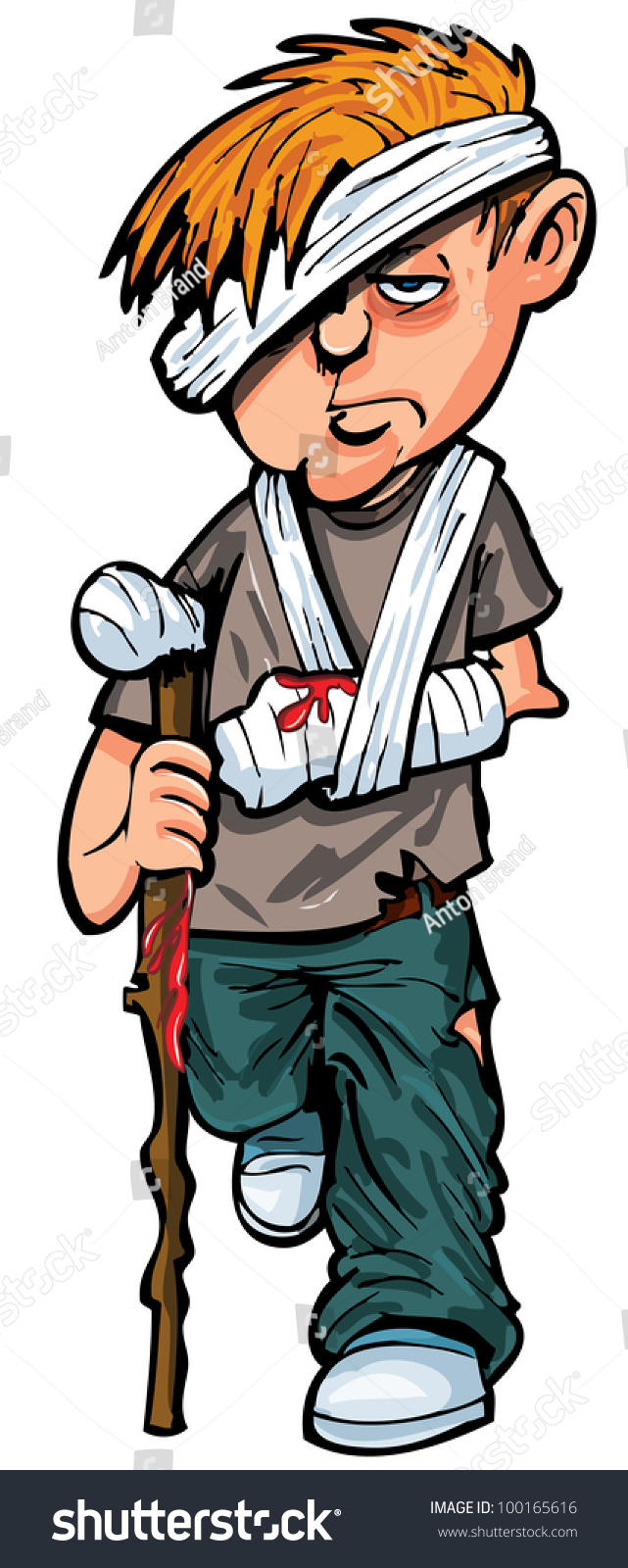 Cartoon Injured Man With Walking Stick And Bandages. Isolated Stock