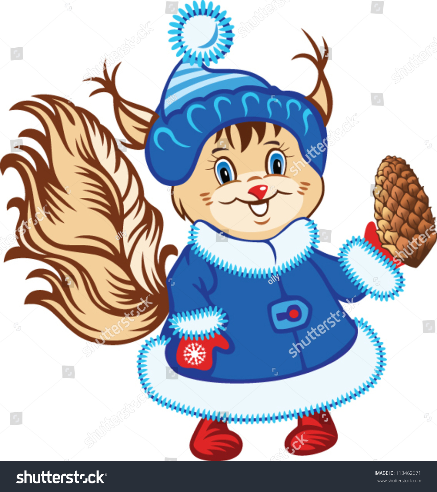 Cartoon Little Squirrel In The Blue Fur Coat With Pinecone Stock Vector