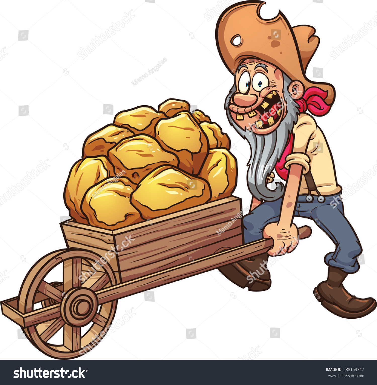 Cartoon Miner Wheelbarrow Full Gold Vector Stock Vector 288169742