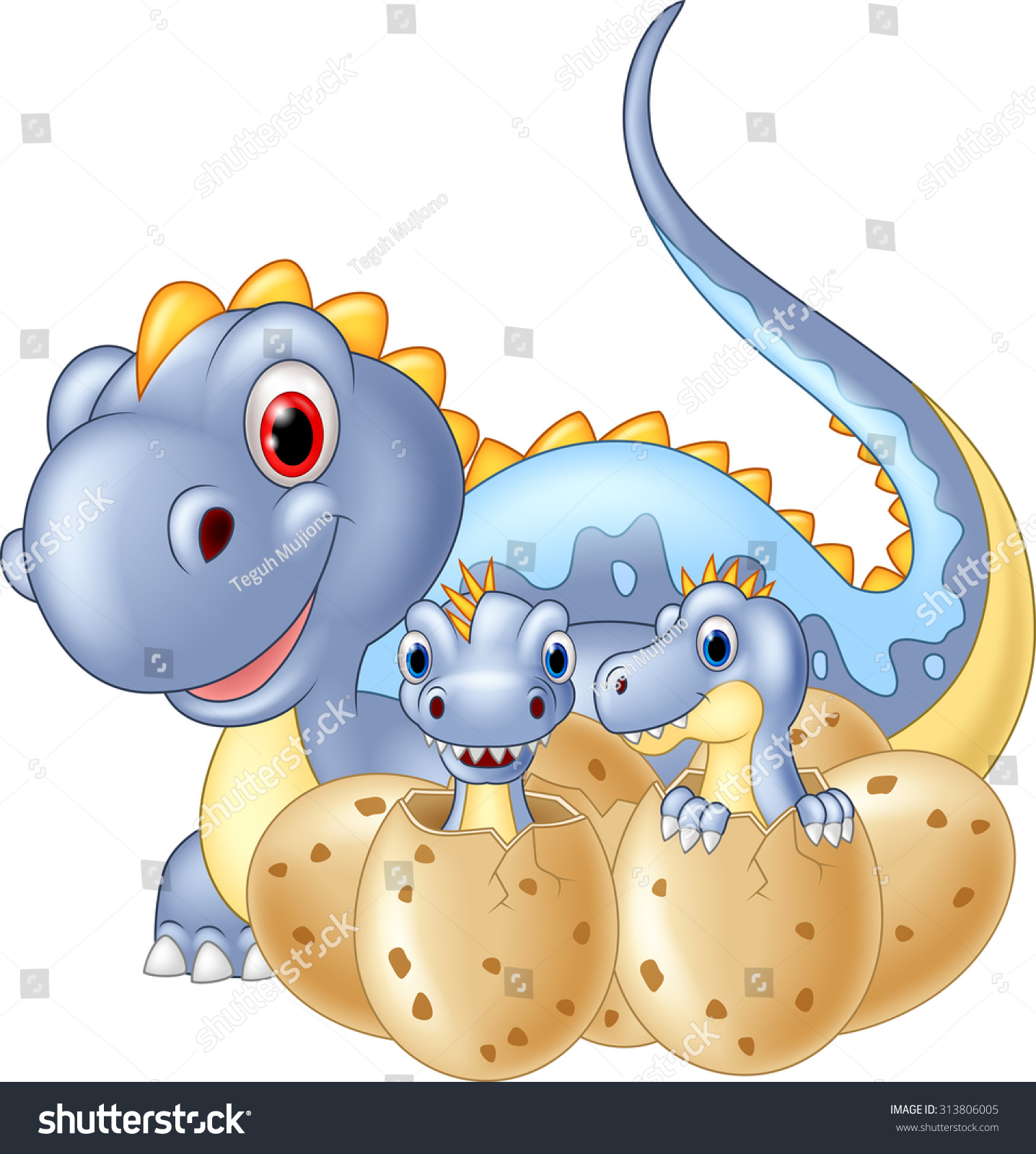 Cartoon mom dinosaur and baby dinosaurs hatching Cartoon mom dinosaur and baby dinosaurs hatching