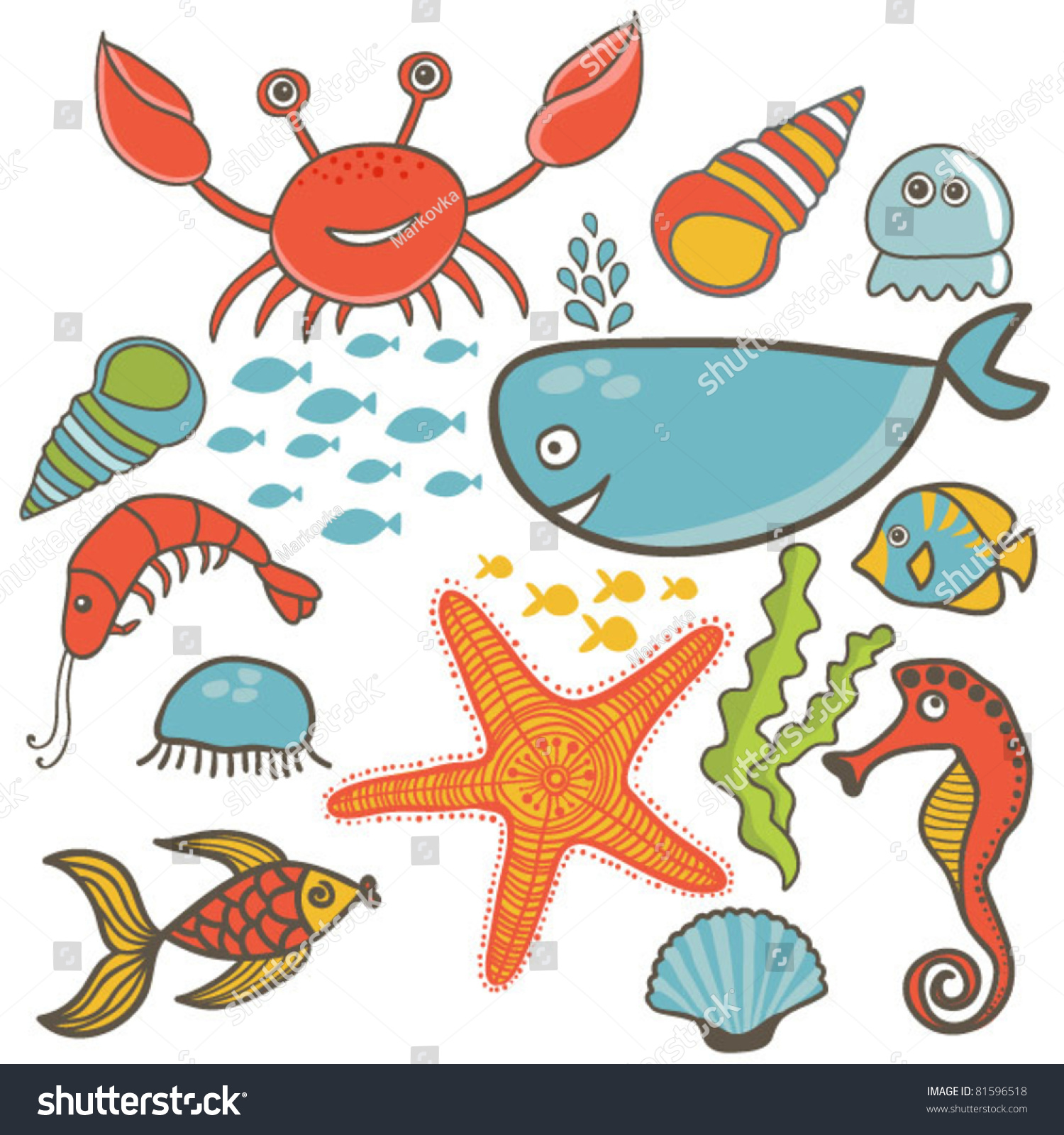 Cartoon Set With Sea Live, Vector Set Of Colorful Sea Animals