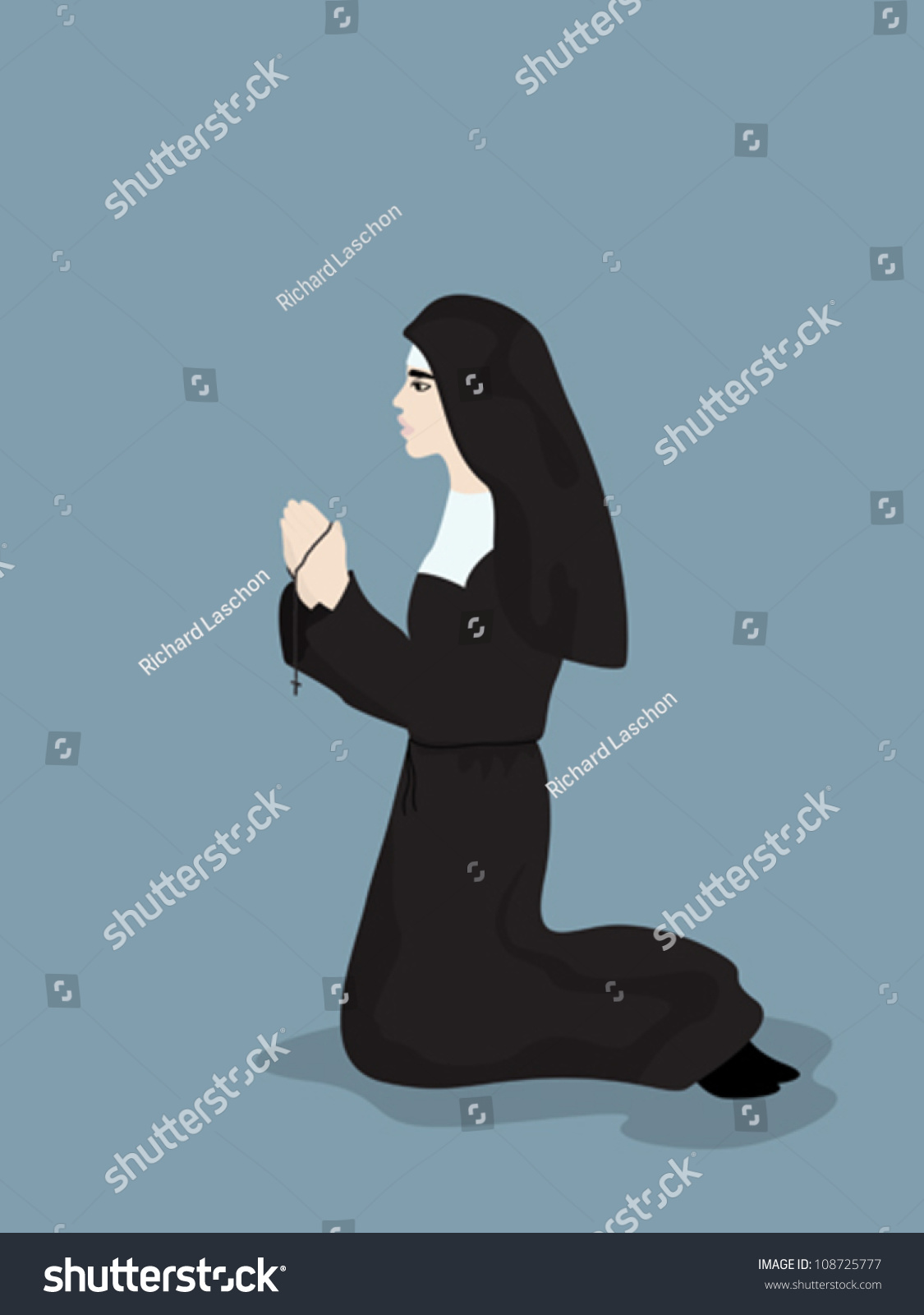 Cartoon Style Drawing Of A Praying Nun Stock Vector Illustration