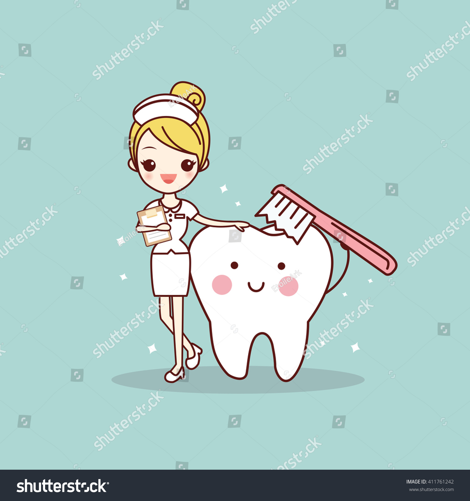 Cartoon Tooth And Nurse With Toothbrush, Great For Dental Care Concept