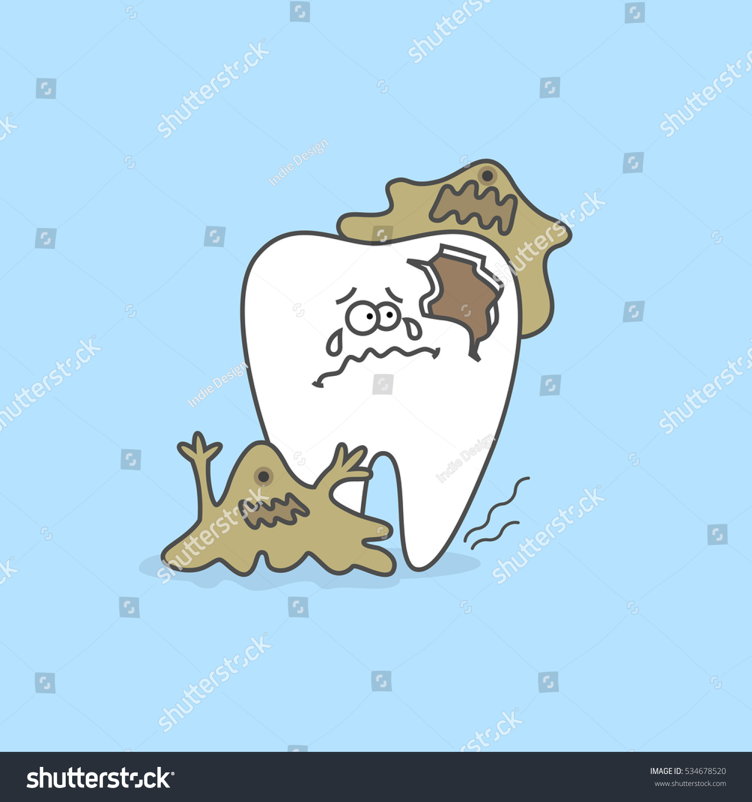Cartoon tooth with caries and bacteria Dental care concept and hygiene Cartoon tooth with caries and bacteria Dental care concept and hygiene