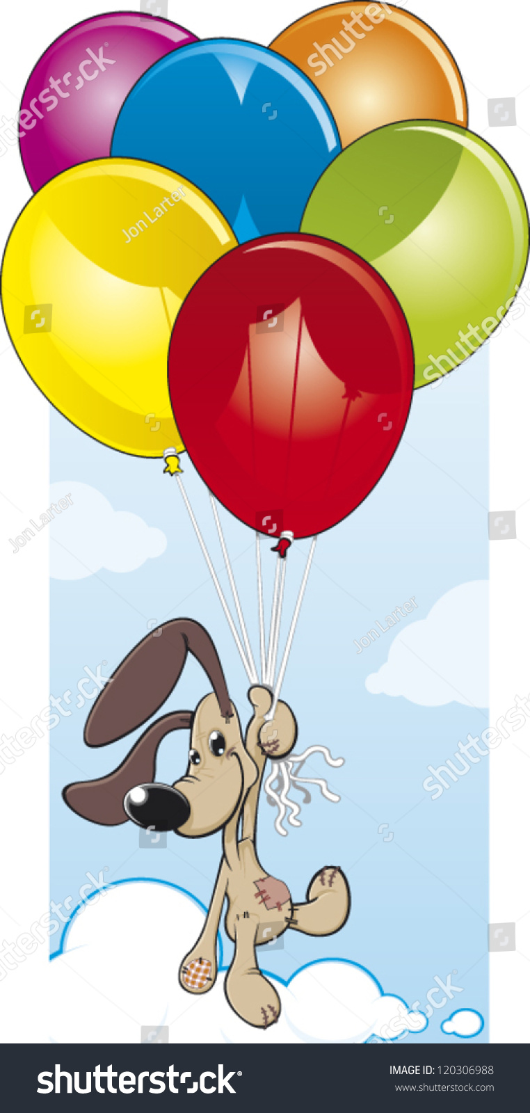 Cartoon Toy Dog Floating In The Sky With His Balloons Stock Vector