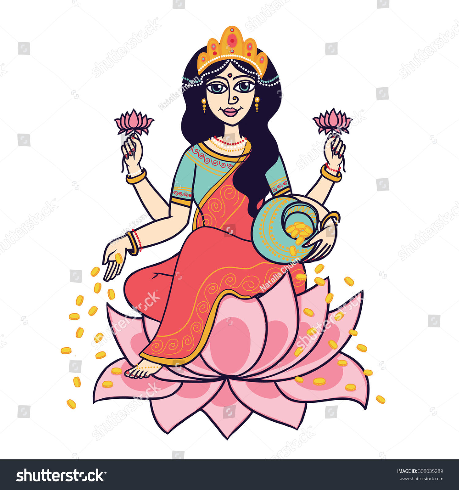 Cartoon Vector Indian Goddess Lakshmi Sitting Stock Vector