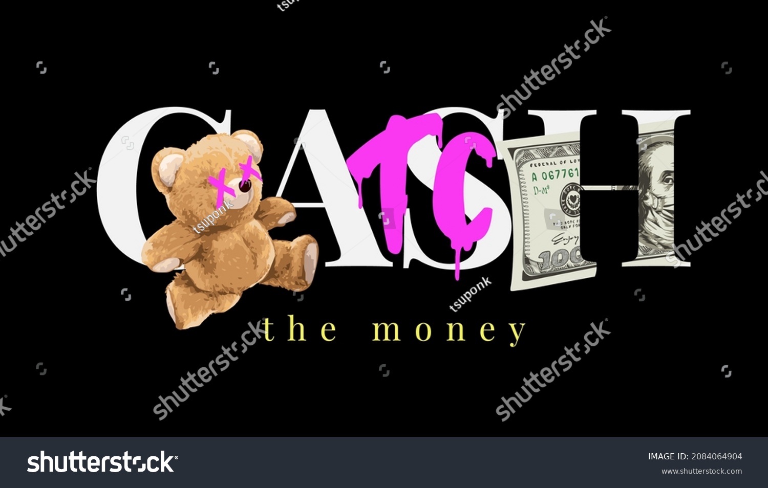 Catch Money Slogan Bear Toy Chasing Stock Vector Royalty Free