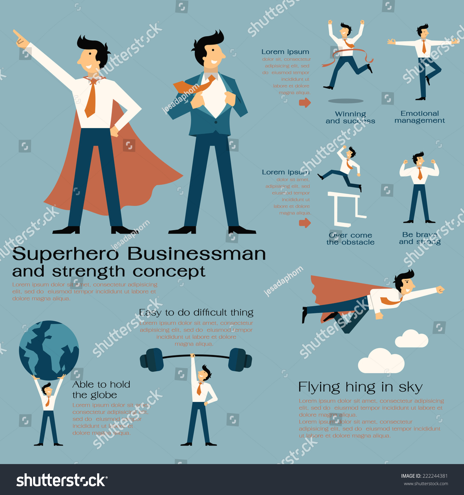 Character Cartoon Set Of Superhero Businessman With In Strength Concept