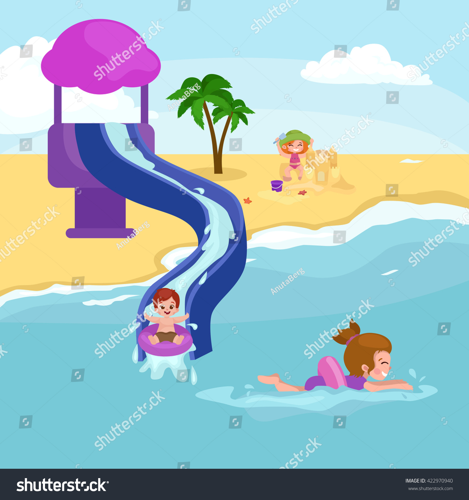 Children summer vacation in park.Kids Playing sand around water on beach slide in sea or ocean vector illustration.Happy kids summer holiday people sunning and swimming play ball have fun vocation Children summer vacation in park.Kids Playing sand around water on beach slide in sea or ocean vector illustration.Happy kids summer holiday people sunning and swimming play ball have fun vocation