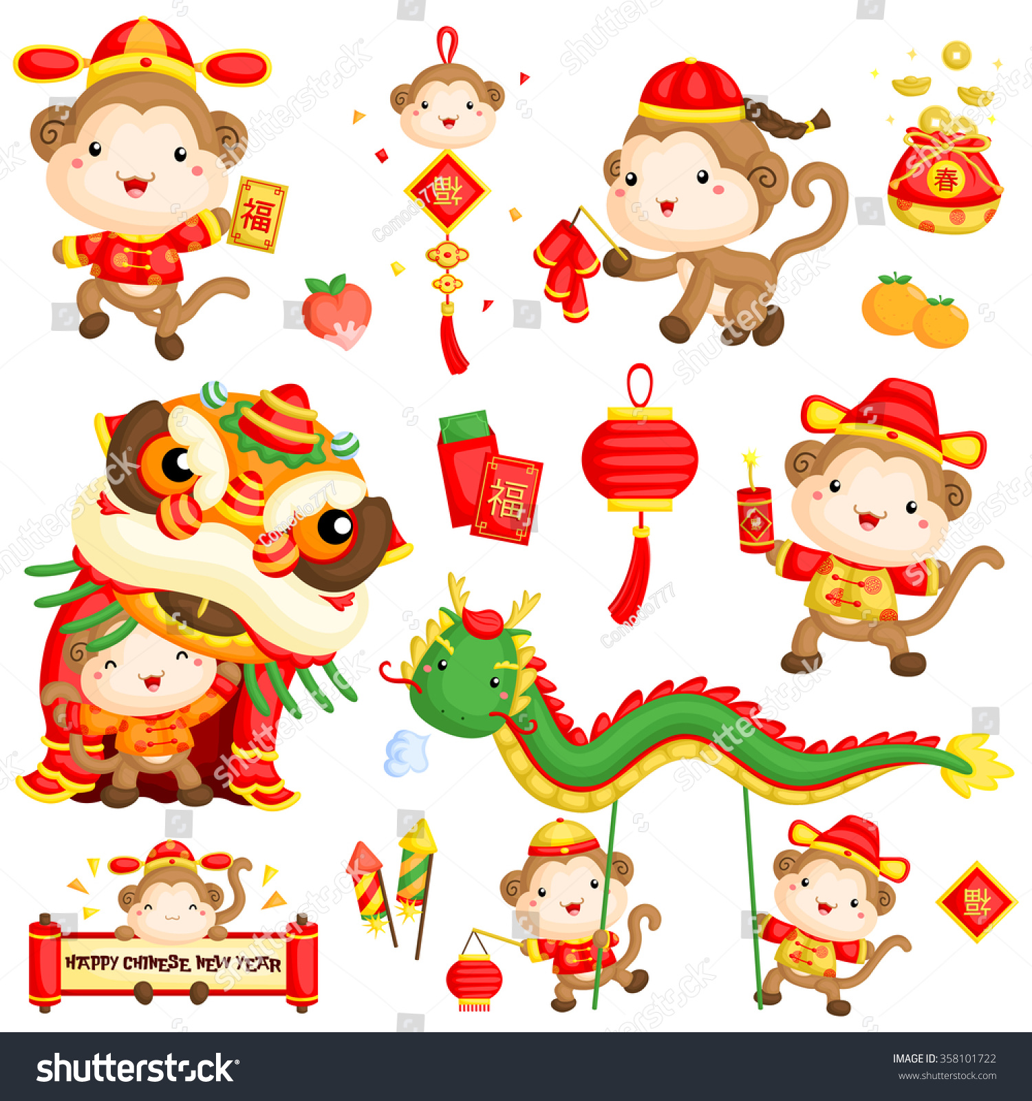 Chinese New Year Monkey Year Vector Set - 358101722 : Shutterstock