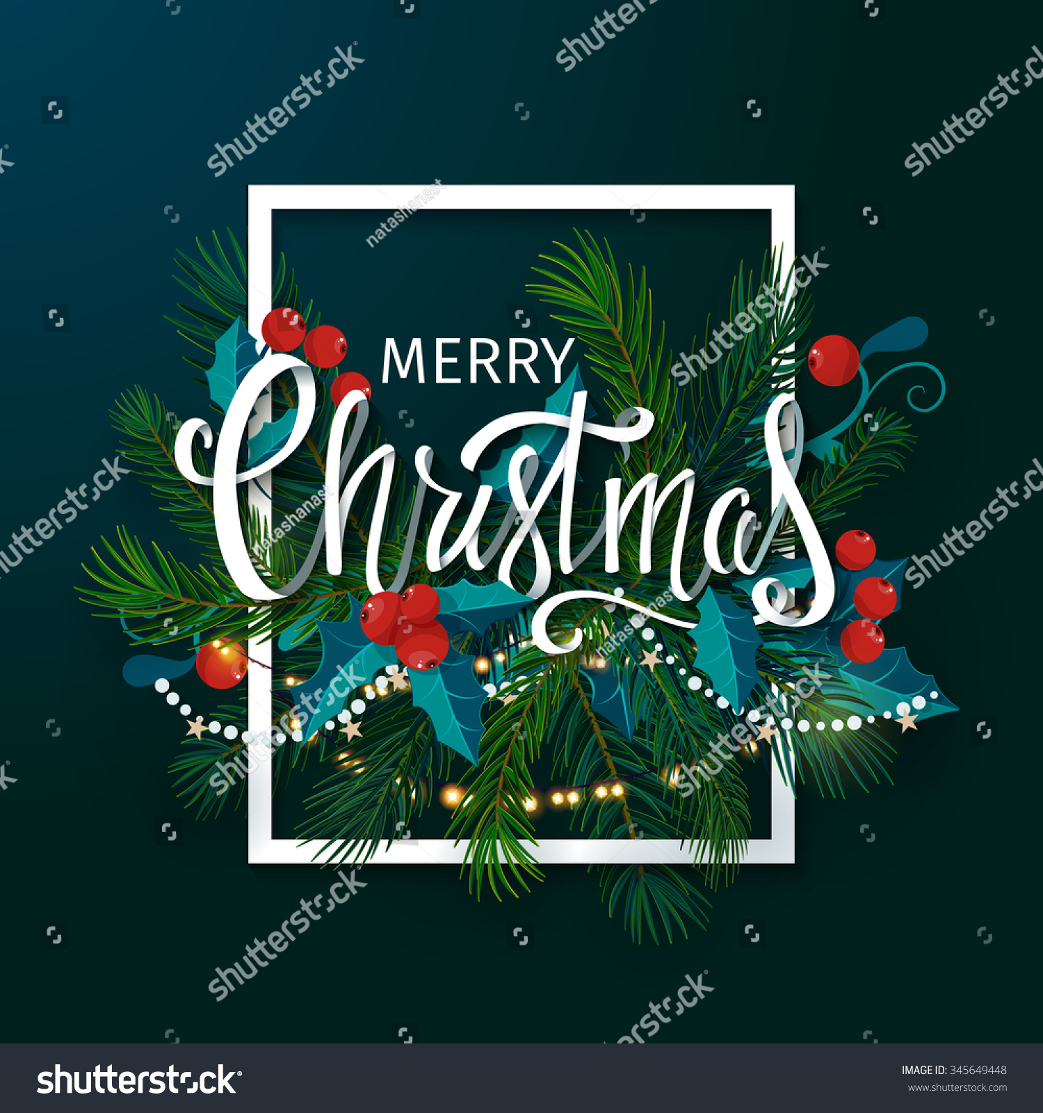 Christmas And New Year Card With Fir Branches, Mistletoe And Lettering