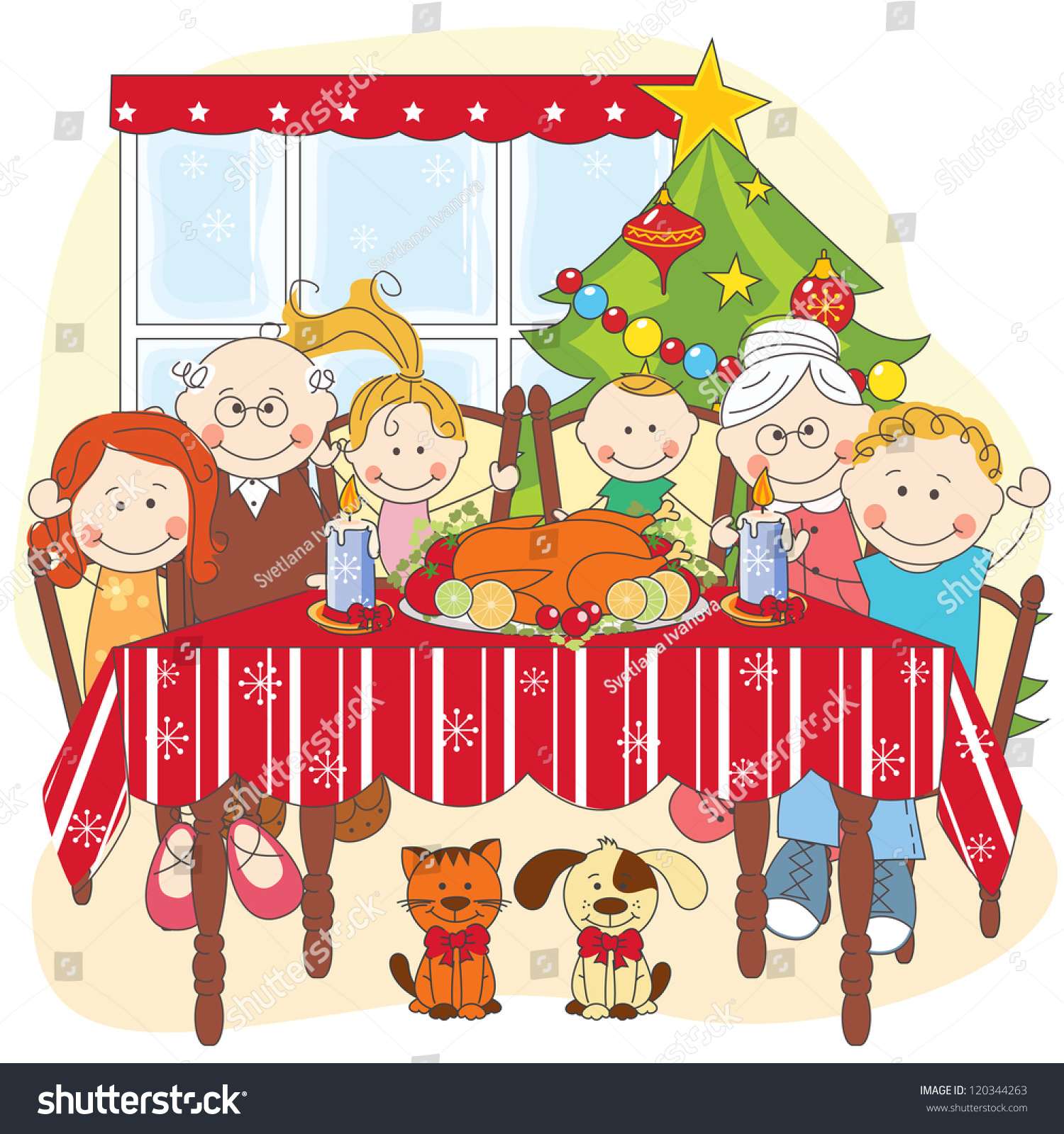 Christmas Dinner. Big Happy Family Together. Hand Drawing Illustration. - 120344263 : Shutterstock