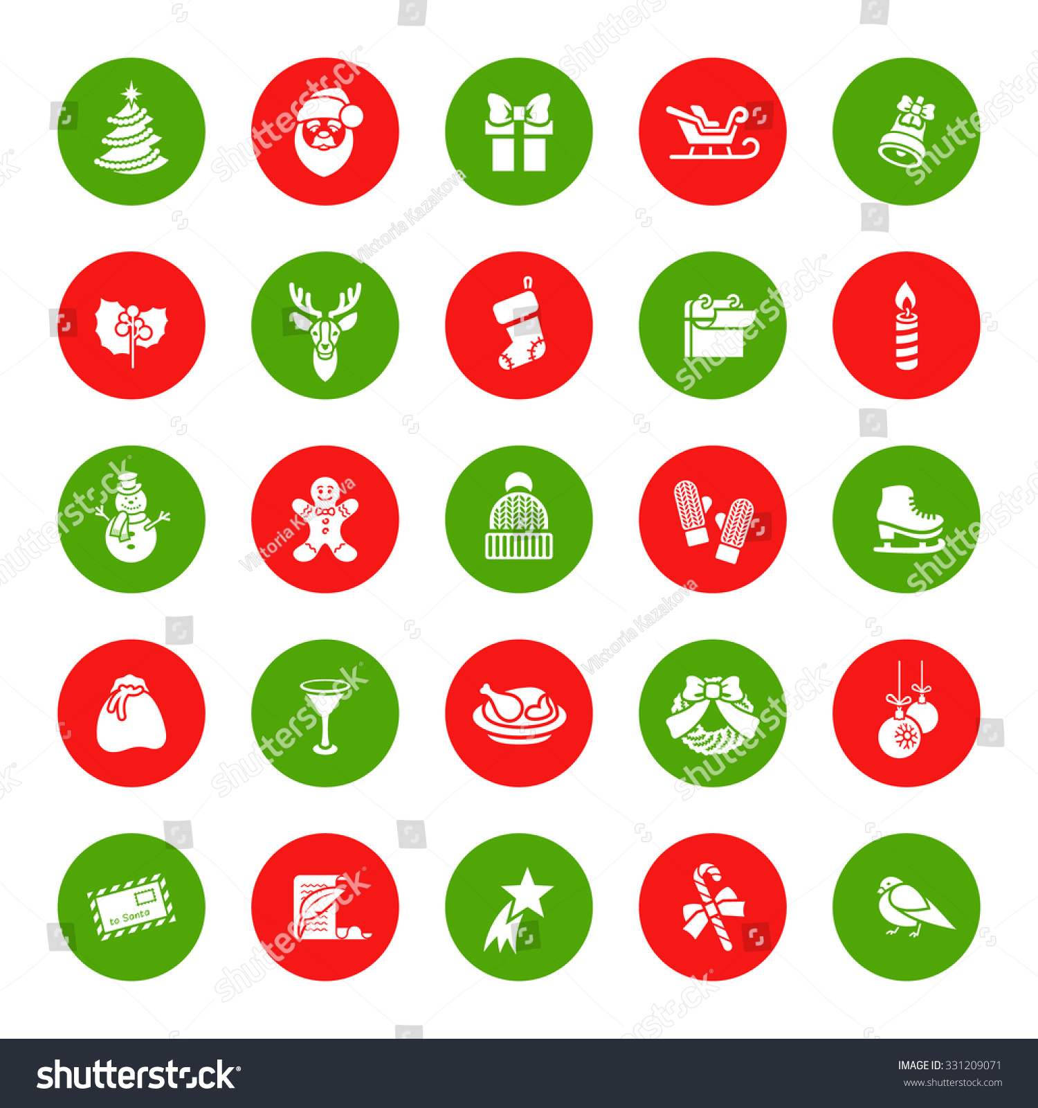 Christmas Symbols Flat Vector Round Icons Set. Winter Holiday Season