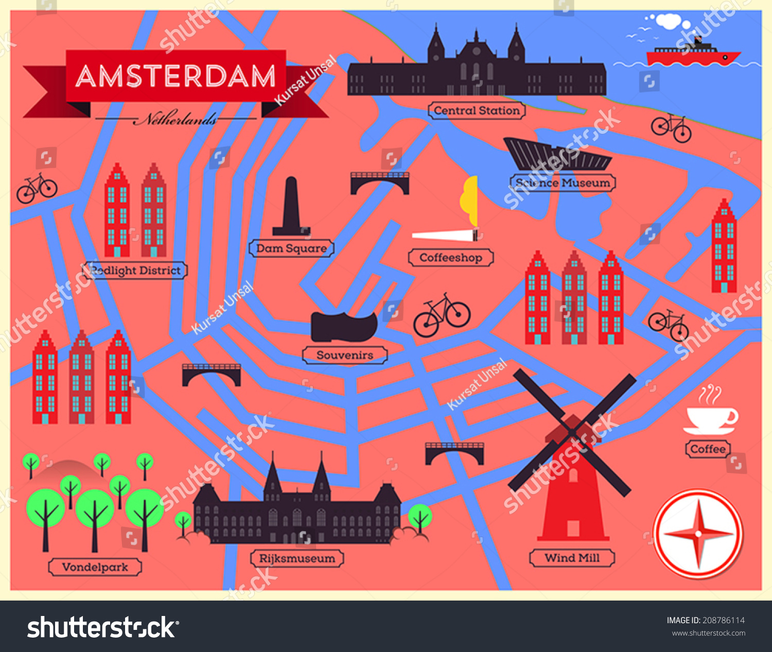 City Map Illustration Amsterdam Landmarks Vector Stock Vector