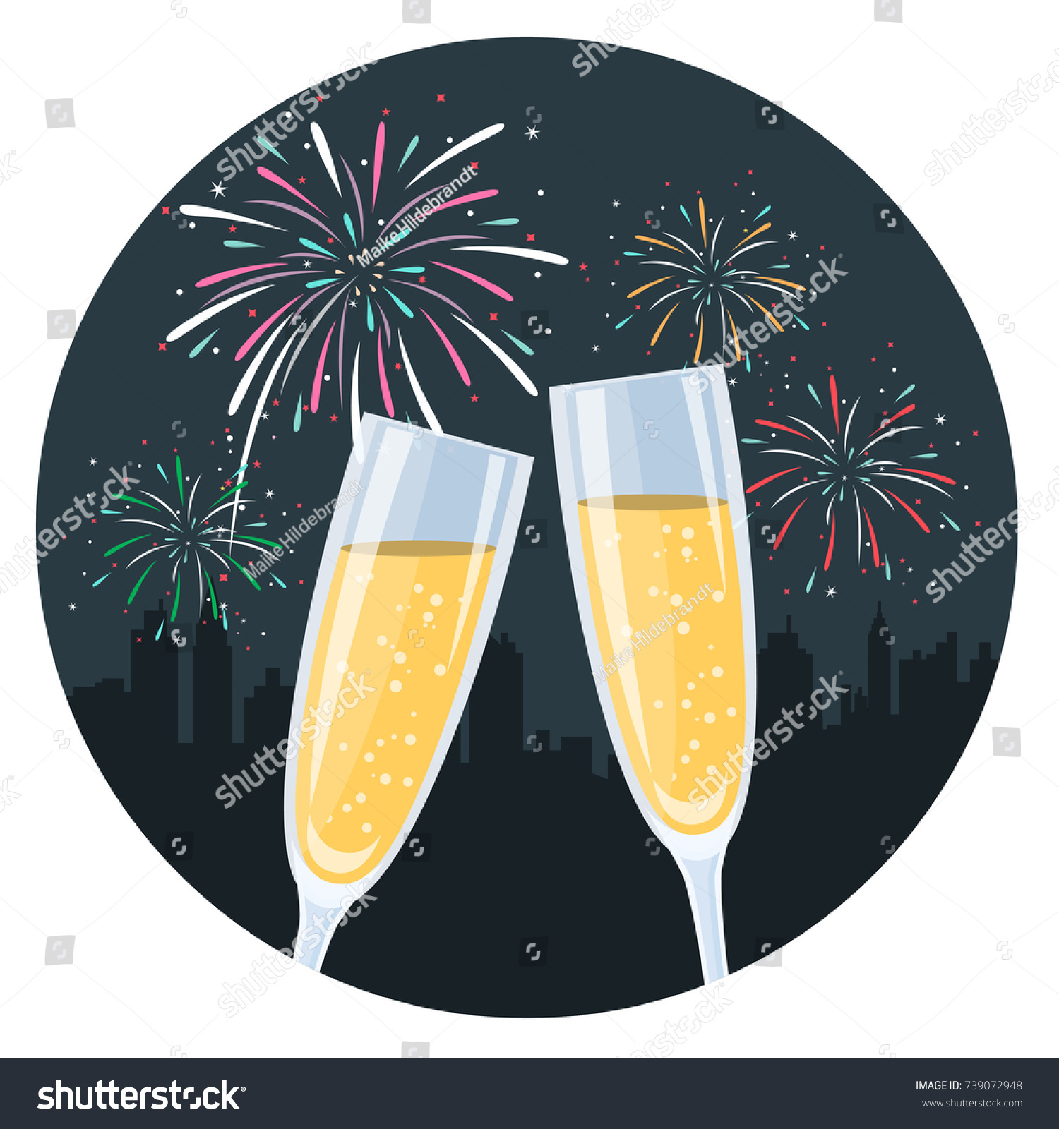 City Fireworks Champagner Glasses Symbol Flat Stock Vector Royalty