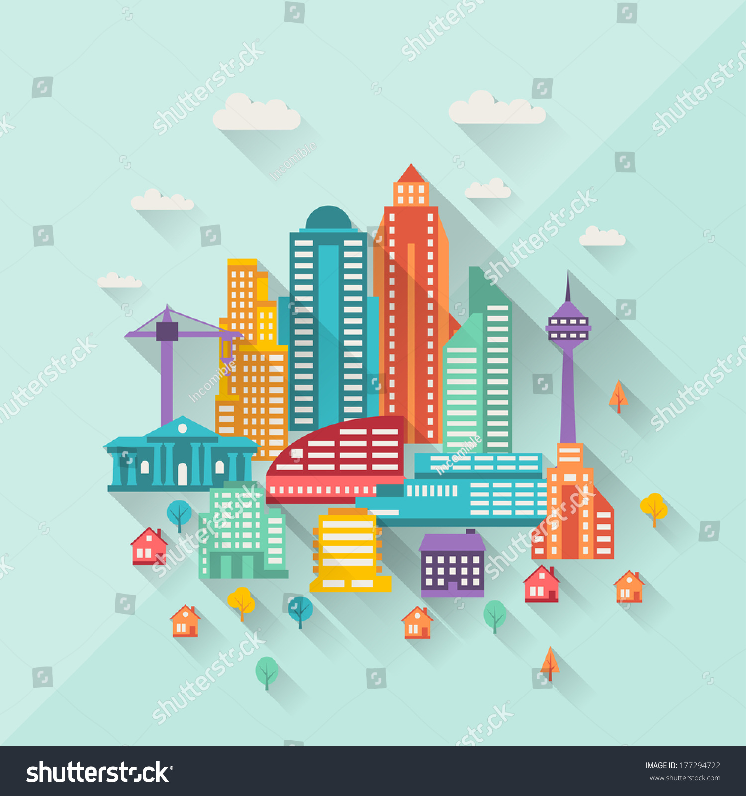 Cityscape Illustration With Buildings In Flat Design Style. - 177294722