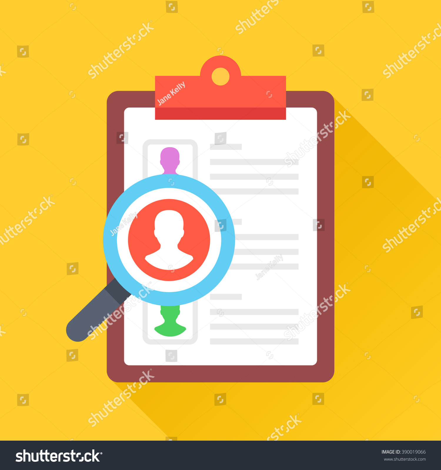 Clipboard and magnifying glass with man silhouette Human resources employee seeking employment recruiting concepts Flat design vector icon with long shadow isolated on yellow background Clipboard and magnifying glass with man silhouette Human resources employee seeking employment recruiting concepts Flat design vector icon with long shadow isolated on yellow background