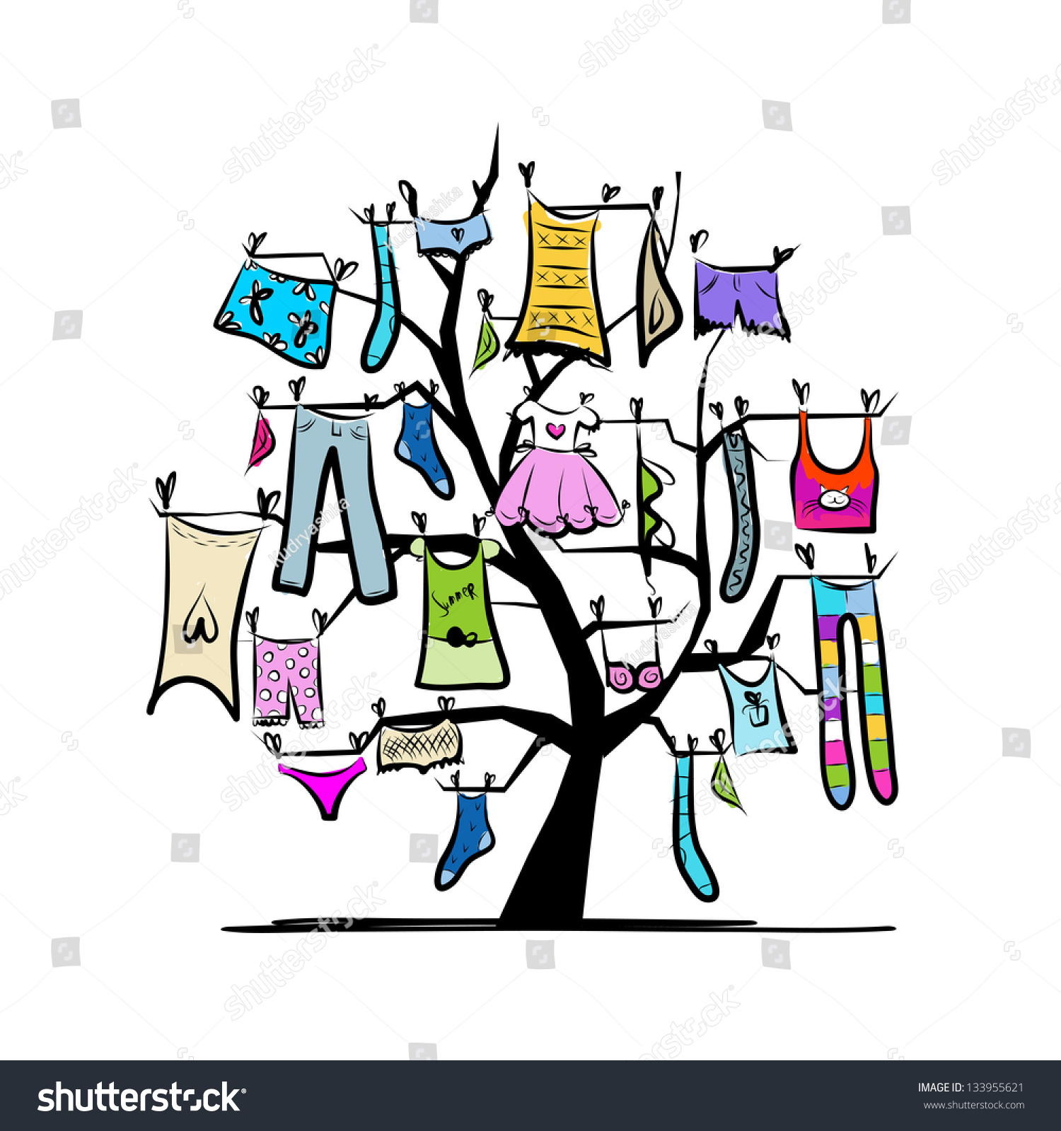 Clothes On The Clothesline. Sketch For Your Design Stock Vector