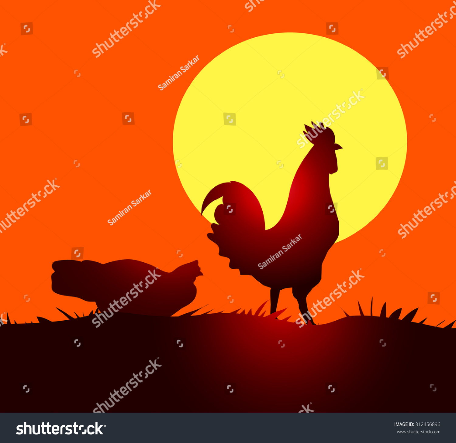 Cock And Hen At Morning Sunrise Stock Vector Illustration 312456896 Shutterstock