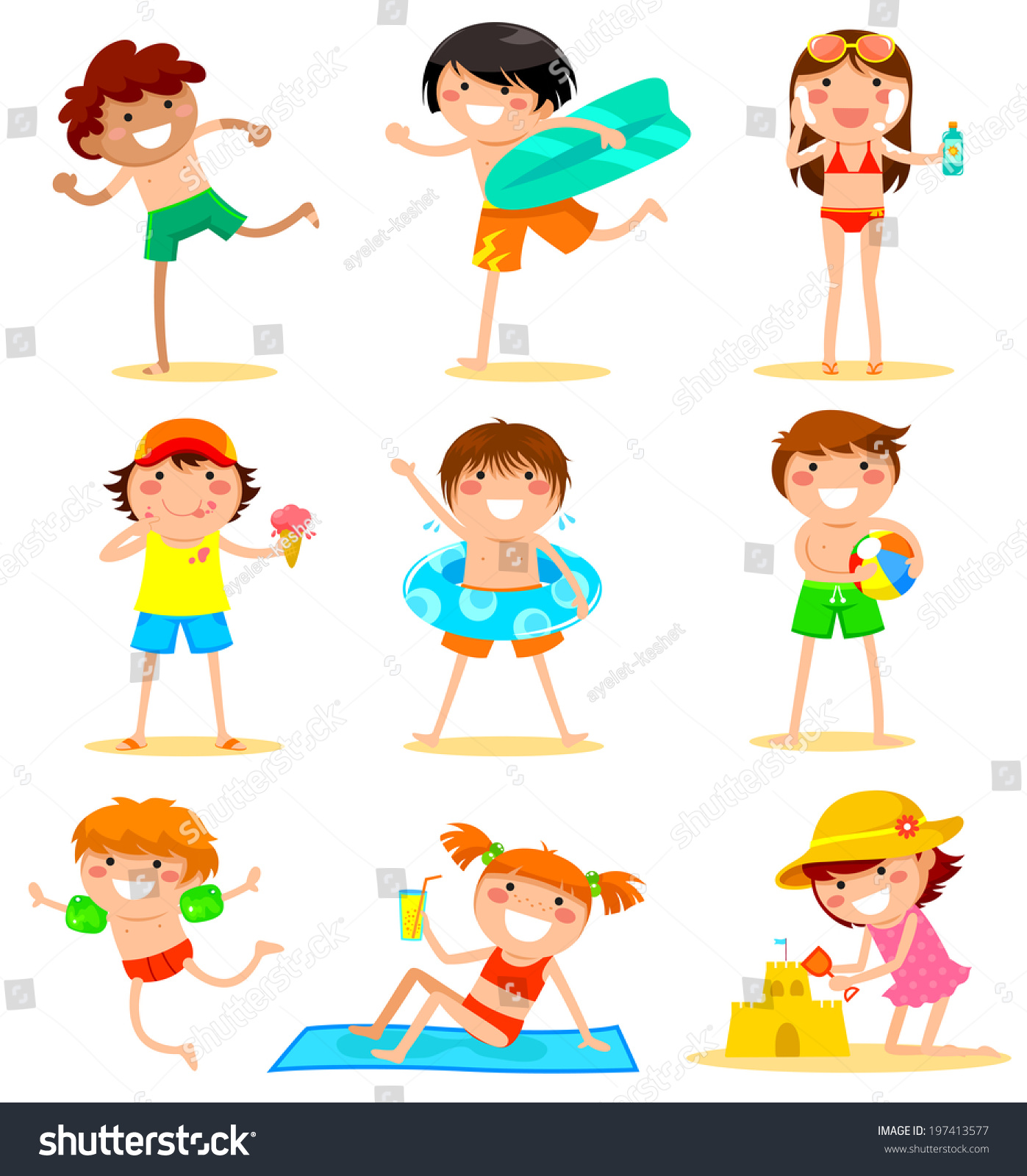 Collection Of Cartoon Kids Playing At The Beach Stock Vector 