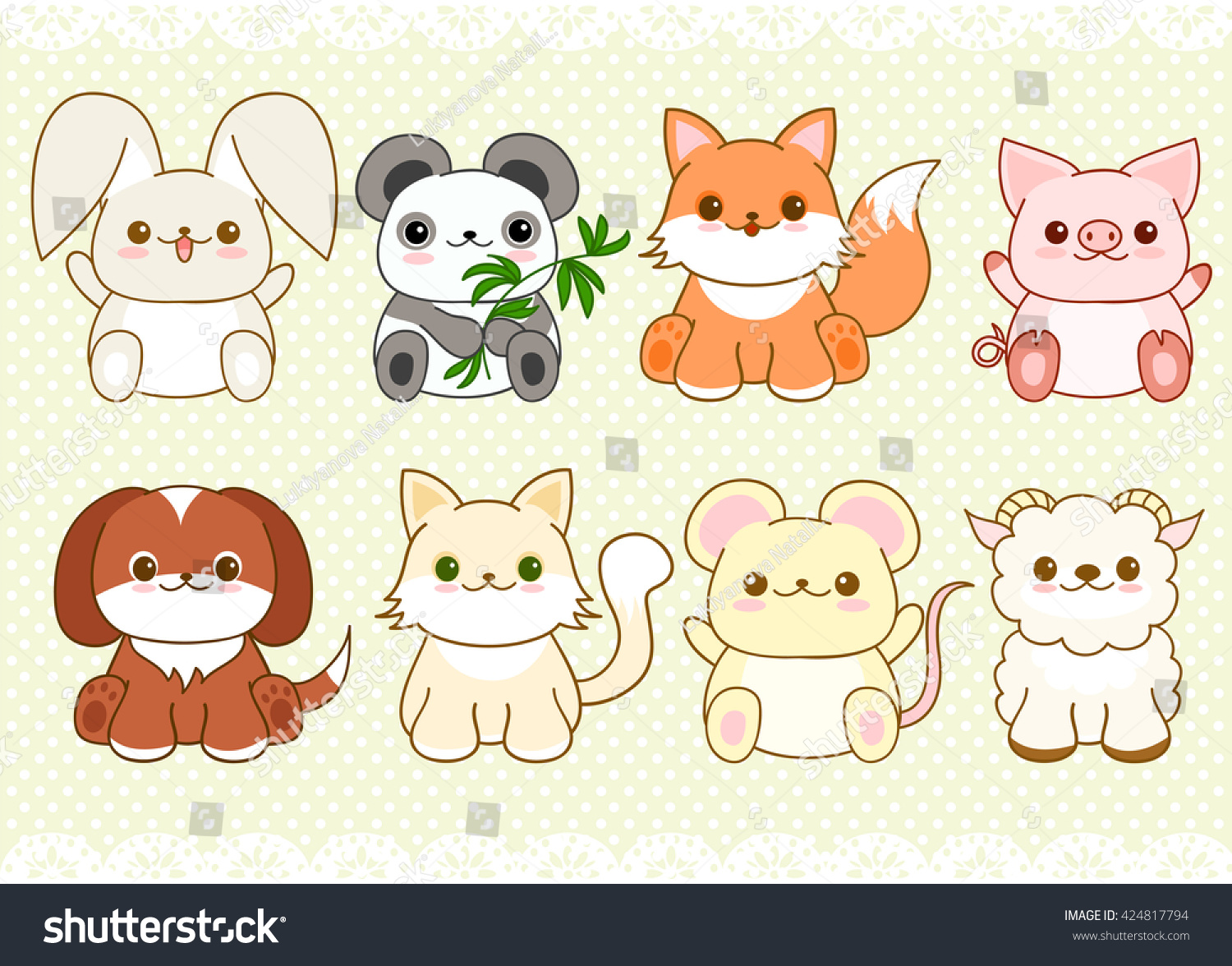 Collection Of Cute Baby Animals In Kawaii Style. Cat, Dog, Pig, Rabbit