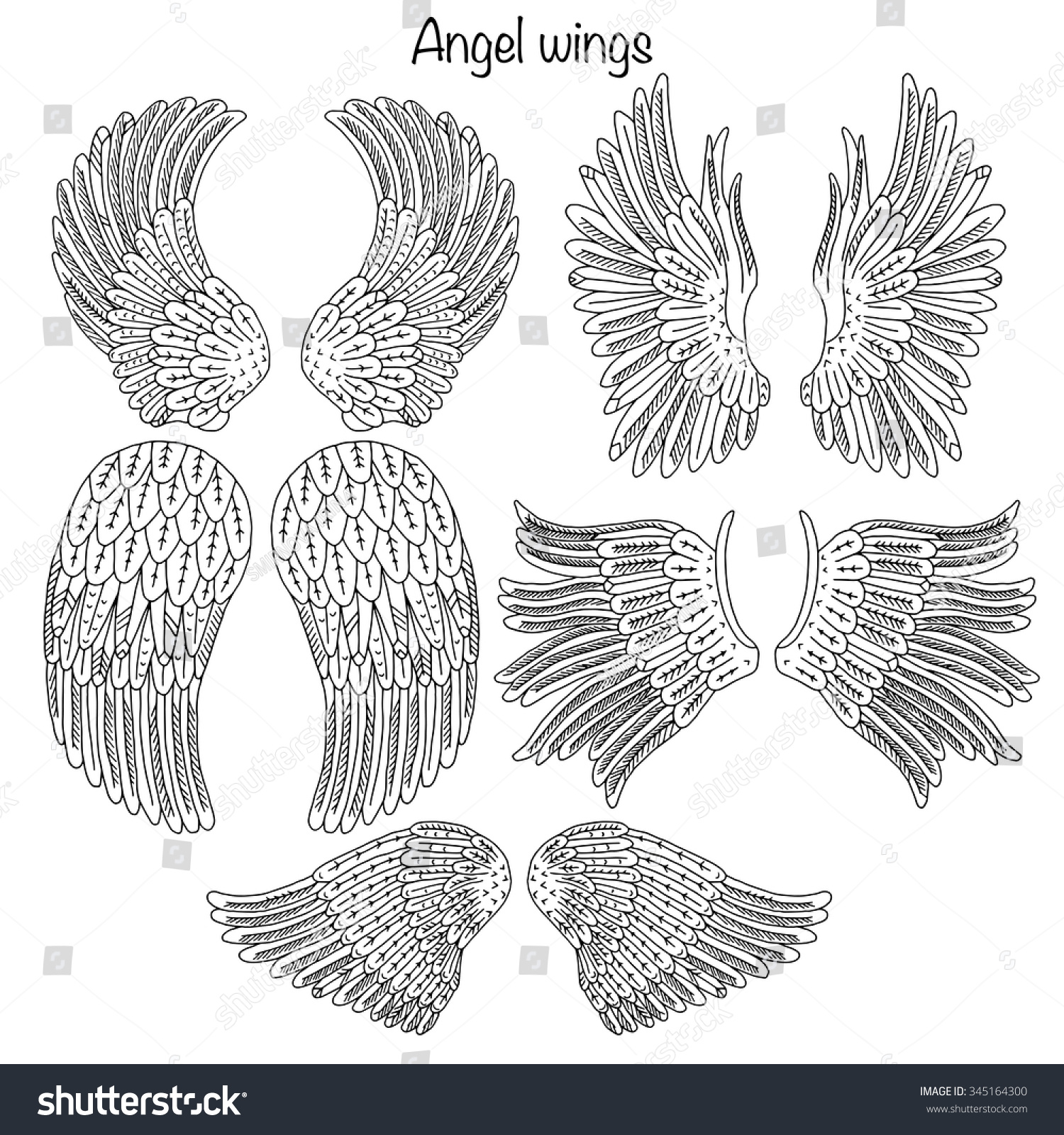 Collection Hand Drawn Angel Wings Stock Vector 345164300 Shutterstock