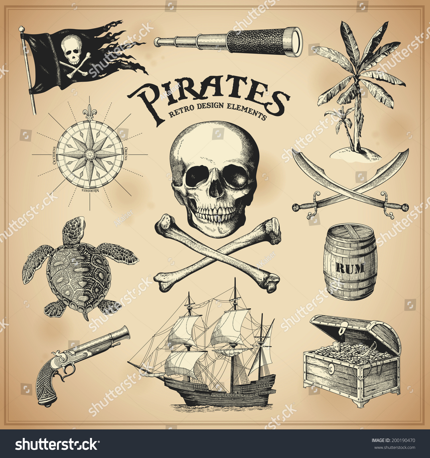 Collection Of HandDrawn Pirates Design Elements Stock Vector