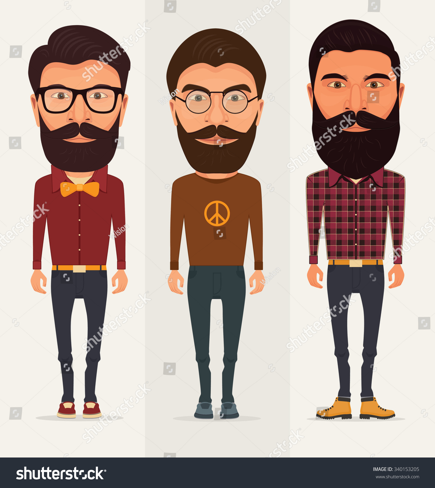 Collection Of Three Characters With Beard - Hipster, Lumberjack, Hippie 