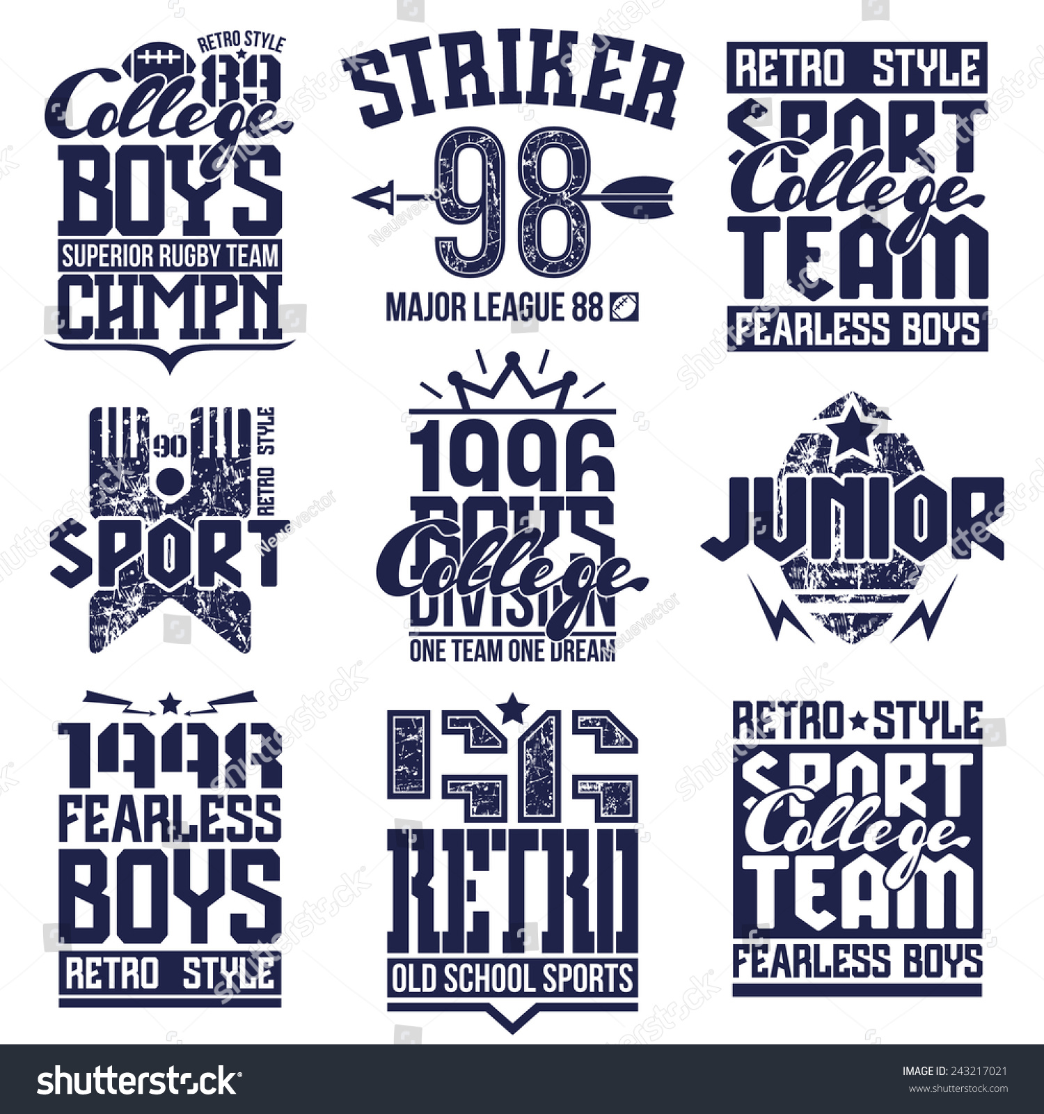 College rugby team emblems in retro style Trendy graphic design for t-shirt Dark print on a white background College rugby team emblems in retro style Trendy graphic design for t-shirt Dark print on a white background