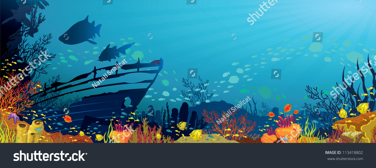 Colored Coral Reef With Fish, Sharks And Silhouette Of ...
 Simple Ship Silhouette