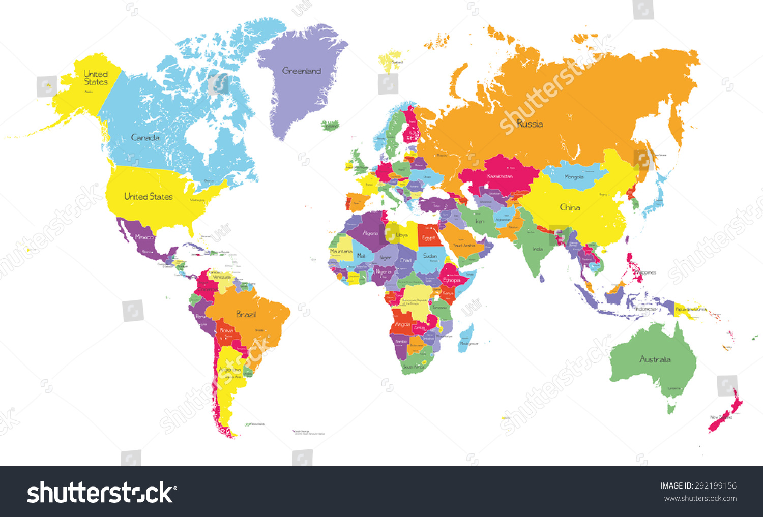 Colored Political World Map With Country Names And Capital Cities Stock 