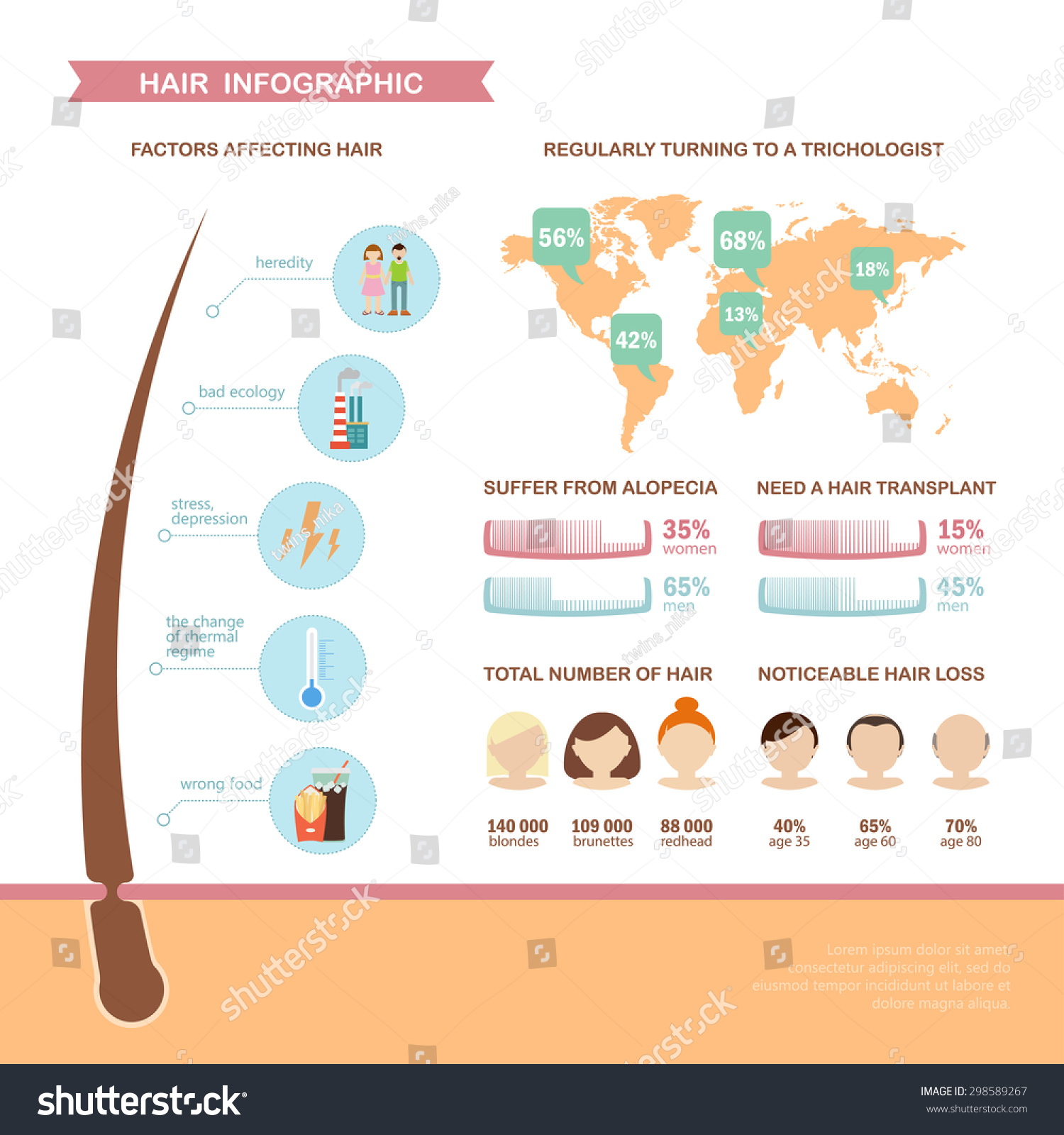 Colorful Hair Infographic About The Problem Of Hair Loss Template With