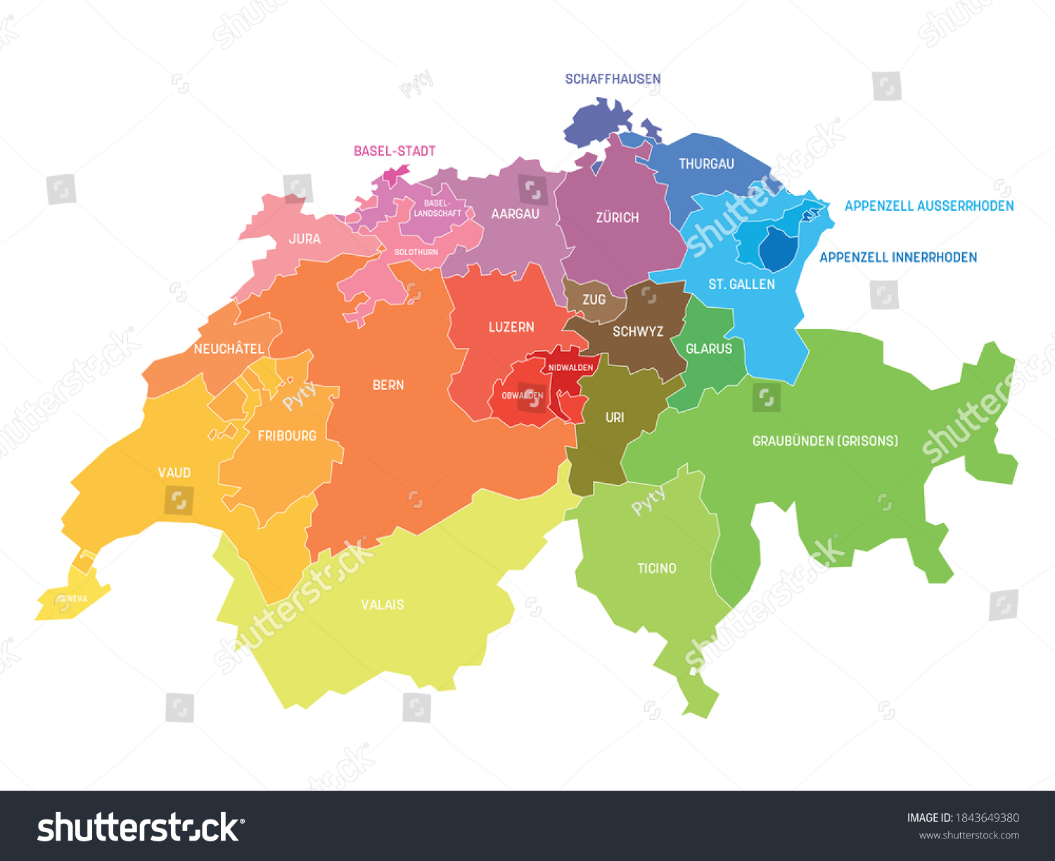 Colorful Political Map Switzerland Administrative Divisions Stock