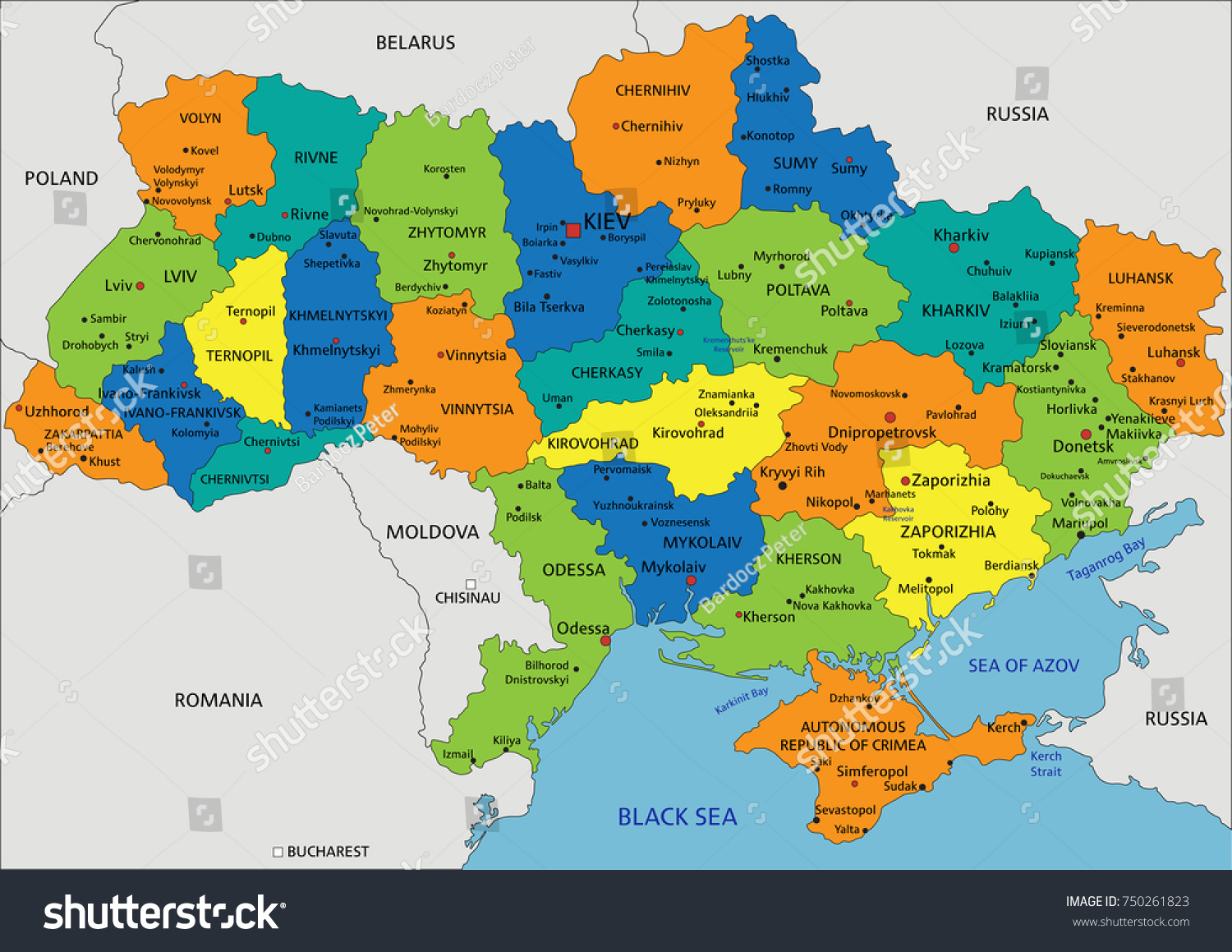 Colorful Ukraine Political Map Clearly Labeled