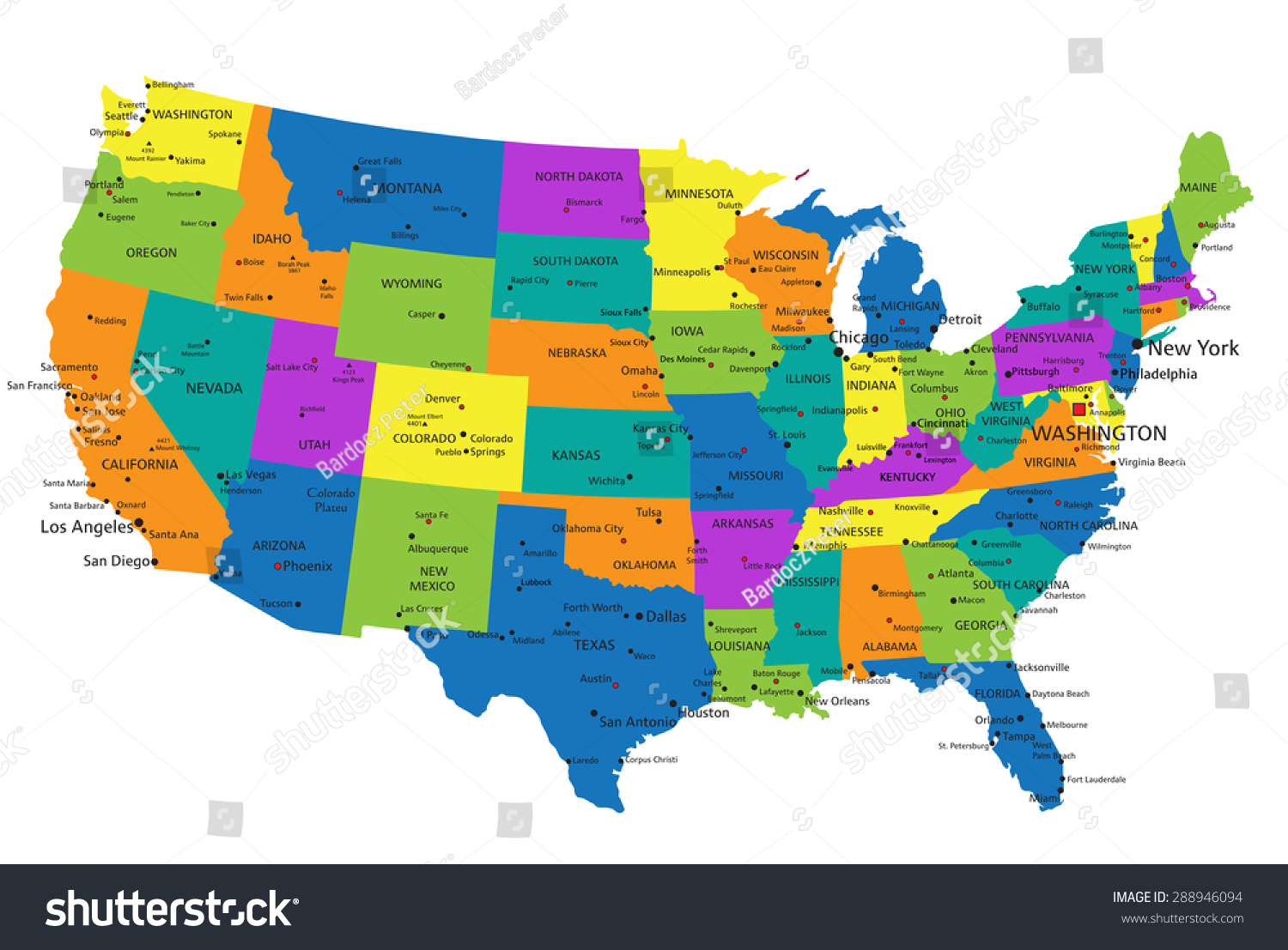 Colorful United States America Political Map Stock Vector 288946094