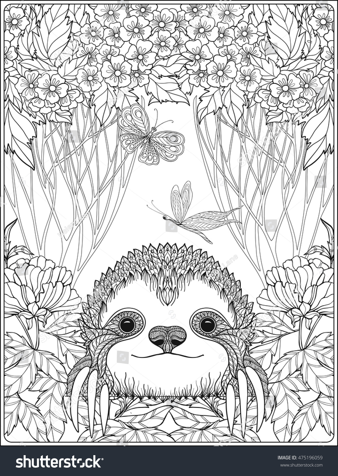 cute sloth in forest coloring page for adults  Shutterstock ...
