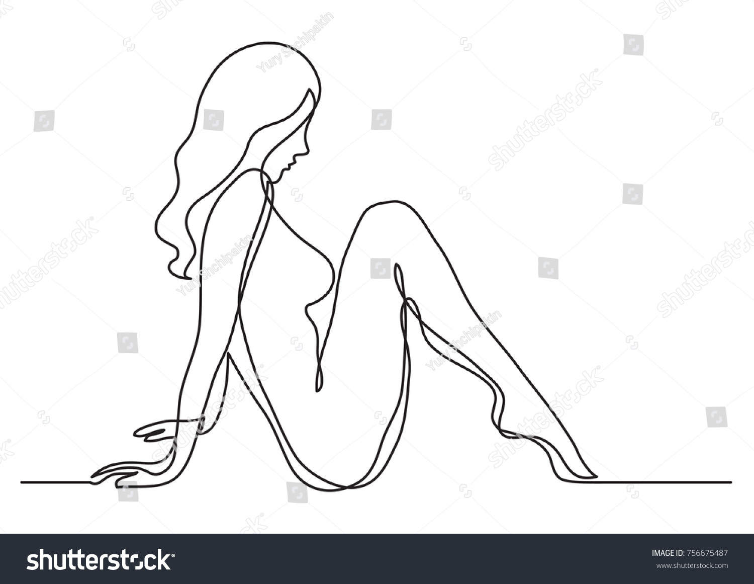 Continuous Line Drawing Sitting Nude Woman