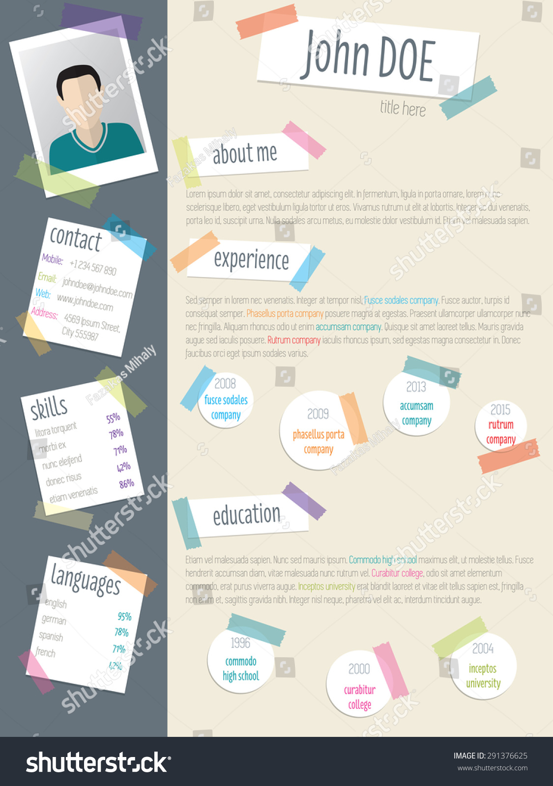cool resume cv curriculum vitae template design with post its and color tapes stock vector