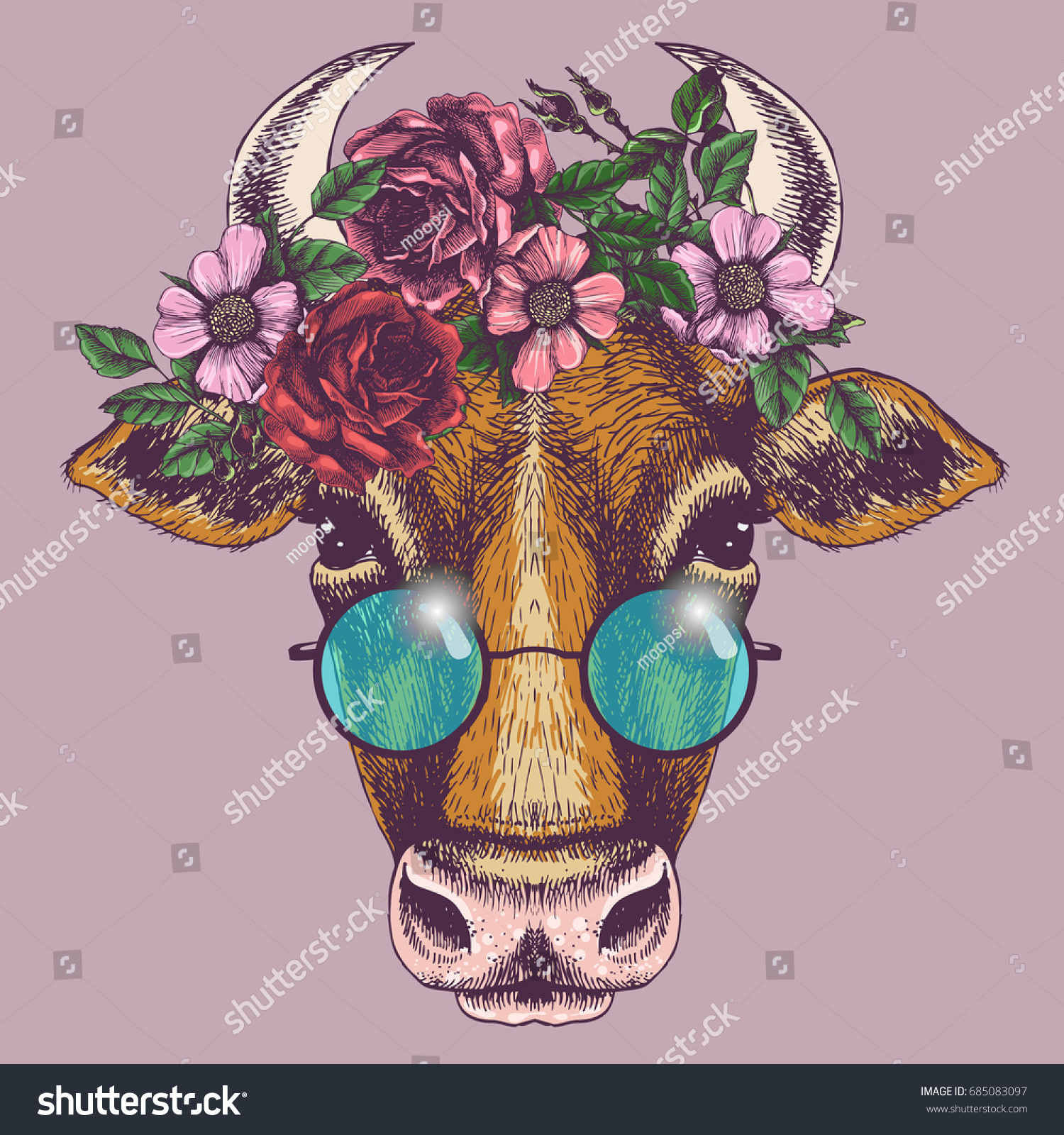 Retrato De Vaca Con Flores Y Vector De Stock Libre De Regal As