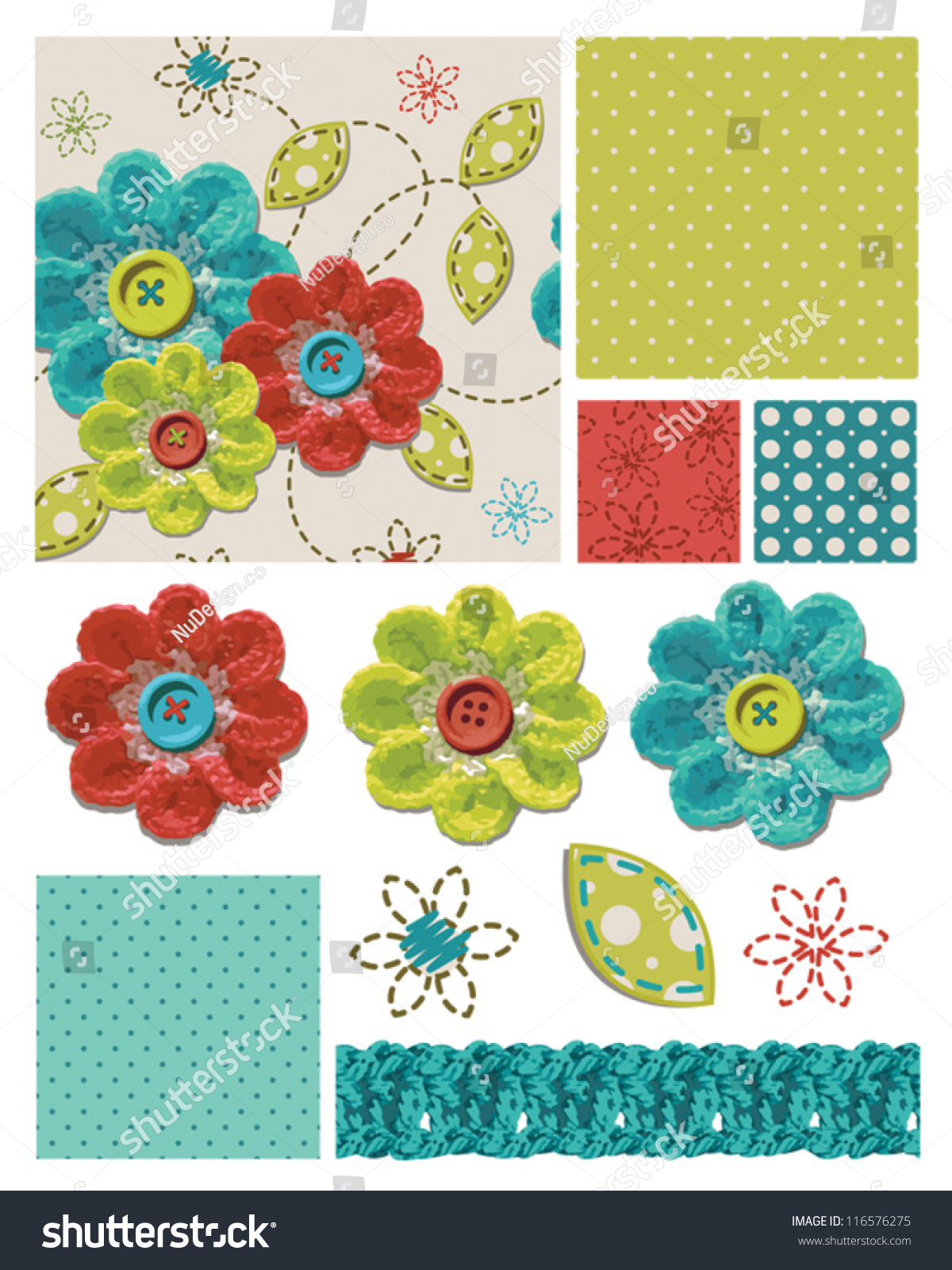 Crochet Flower Seamless Patterns And Elements. Stock Vector ...