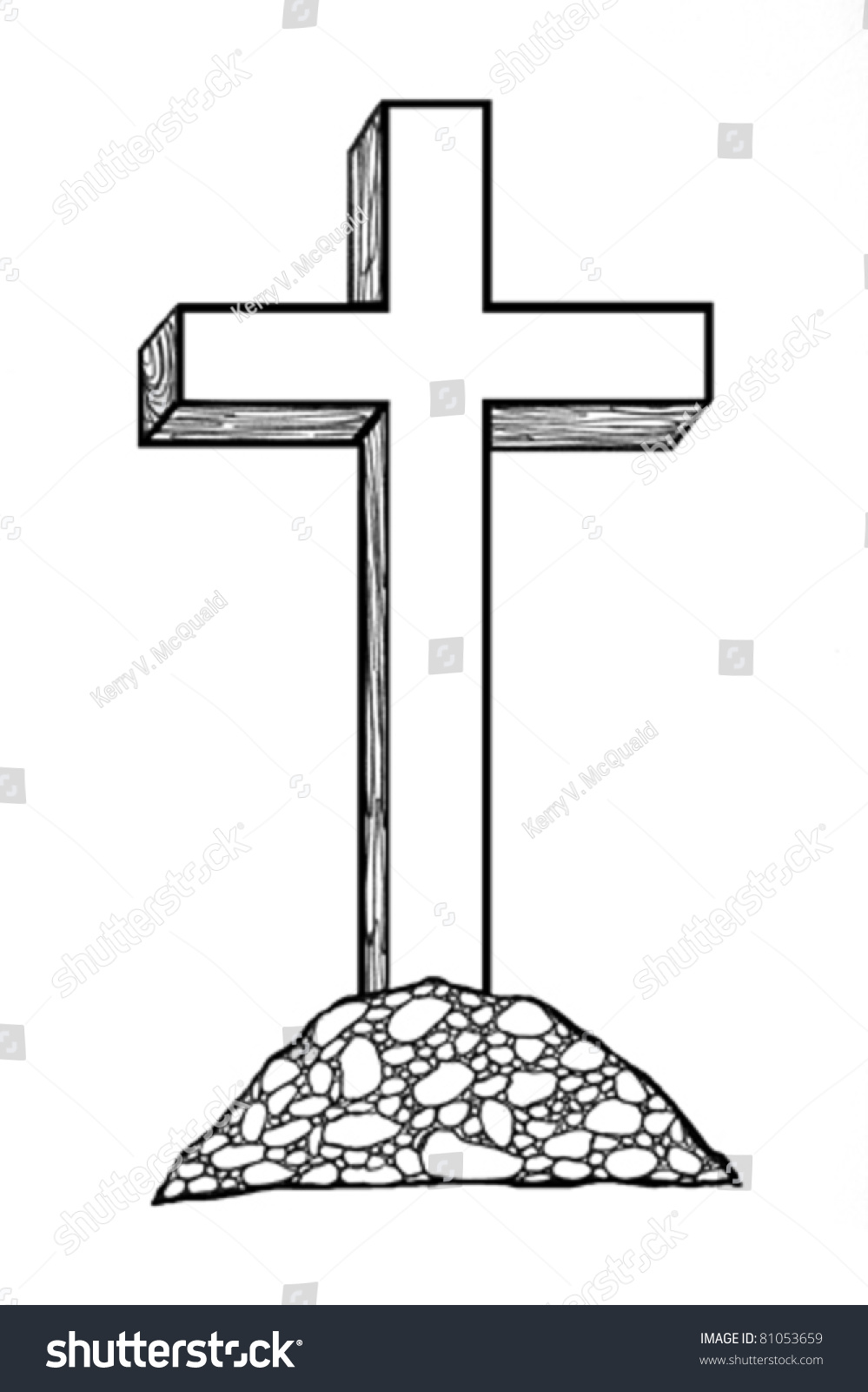 Cross On Hillside, Black And White Vector Illustration. 81053659