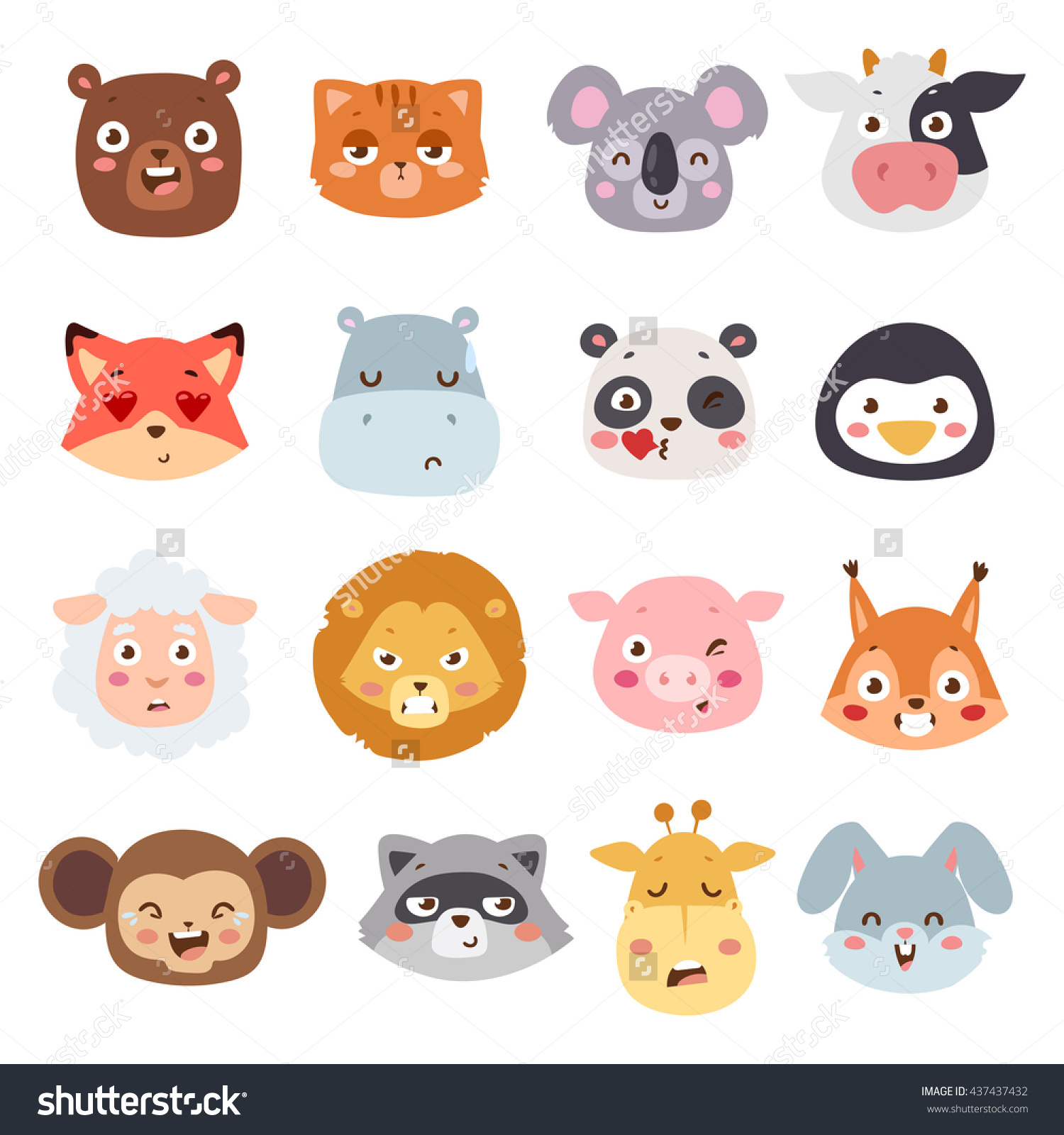 Cute animal heads with emotions vector set Cartoon happy animal emotions love expression isolated face character Adorable mammal smile animal emotions Animal characters little collection Cute animal heads with emotions vector set Cartoon happy animal emotions love expression isolated face character Adorable mammal smile animal emotions Animal characters little collection