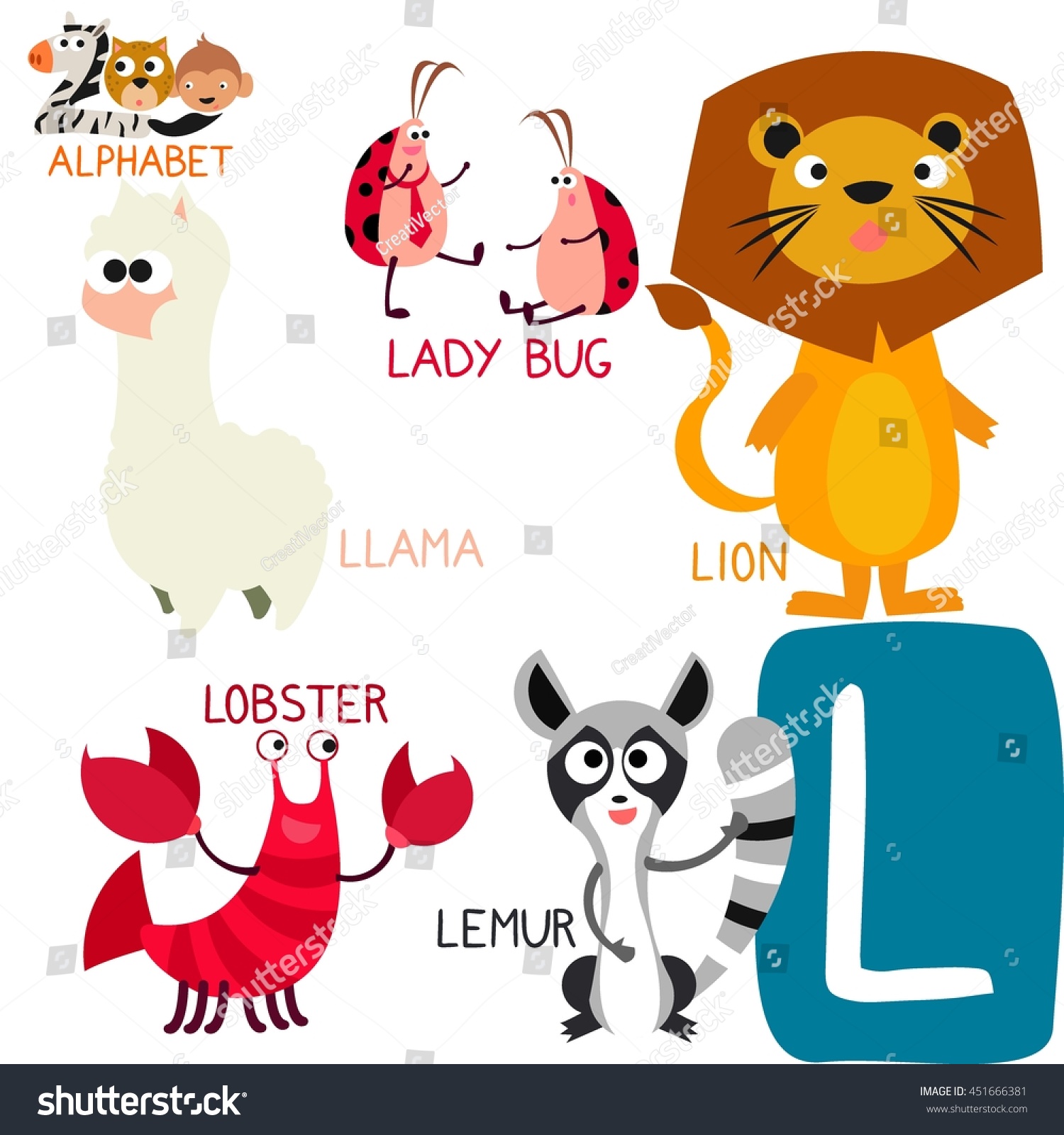 Cute Animal Zoo Alphabet. Letter L For Lion, Lemur, Lobster, Llama And