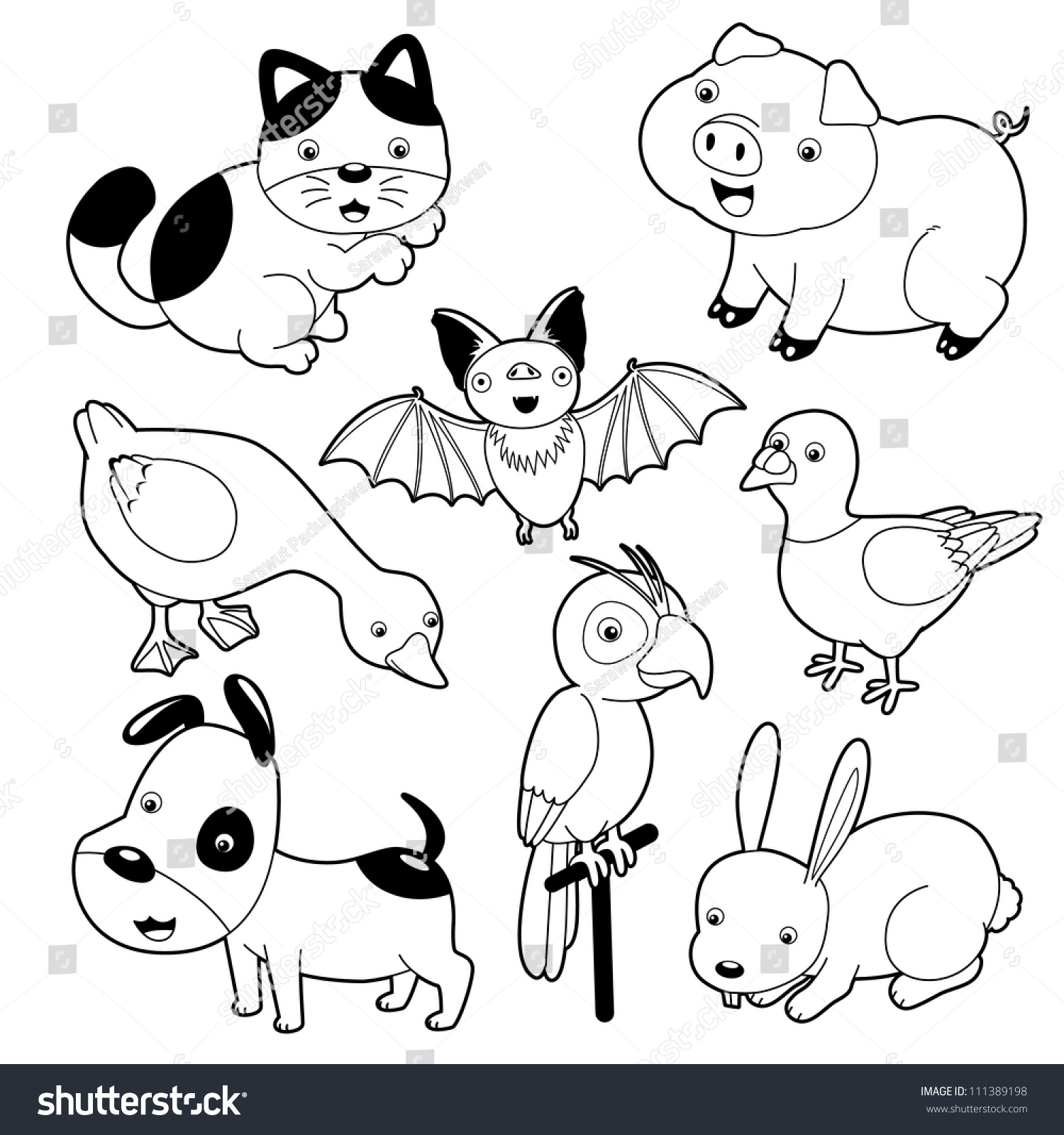 Cute Animals Black White Set Stock Vector 111389198 - Shutterstock